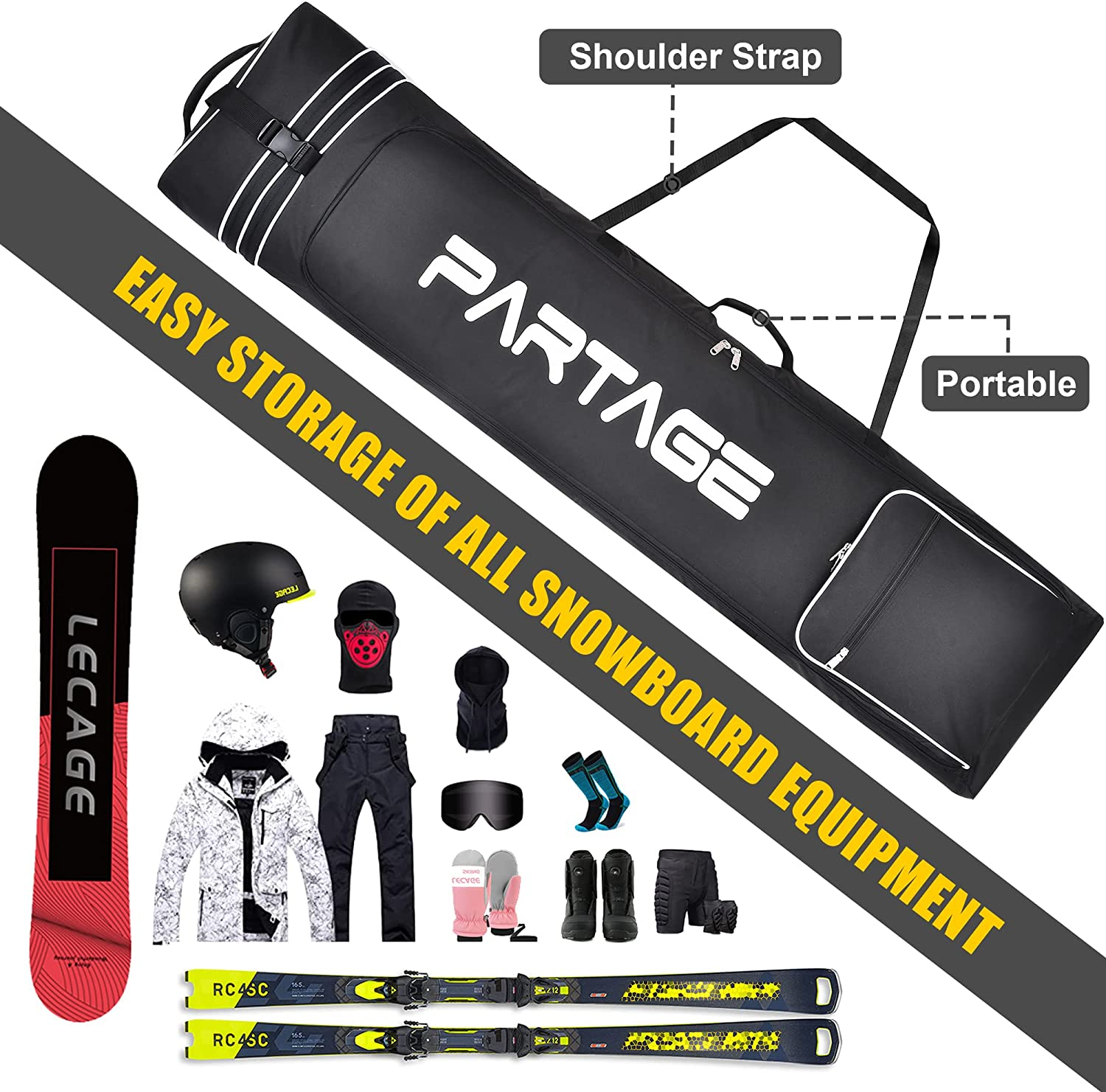 Snowboard Bag with Wheel, Store & Transport Snowboard up to 170 Cm, 600D Waterproof Oxford -Black image number 6