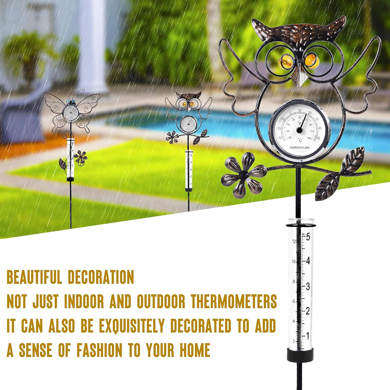 Juegoal 31.5 Inch Rain Gauge with Thermometer, Butterfly & Owl Garden Stakes Decor, Waterproof Rustproof Metal Yard Art Outdoor Lawn Pathway Patio Decorations, Set of 2 image number 5