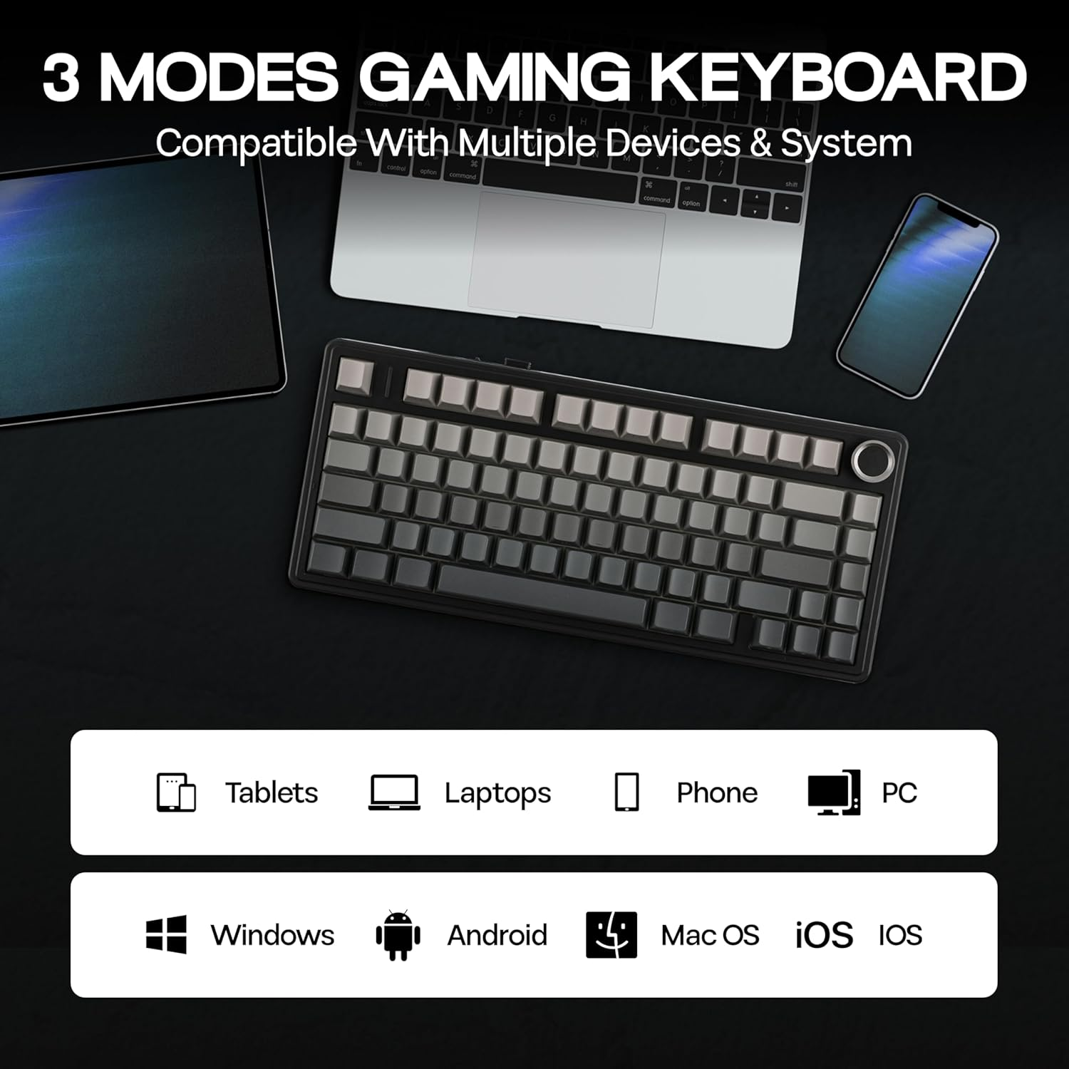 Mechlands Aula F75 PRO 75% Wireless Gaming Keyboard, Gasket Mechanical Custom Keyboard with Five-Layer Padding, Bluetooth/2.4Ghz/Usb-C, Hot Swappable, Knob, RGB, Reaper Switches (Gradient Black) image number 6