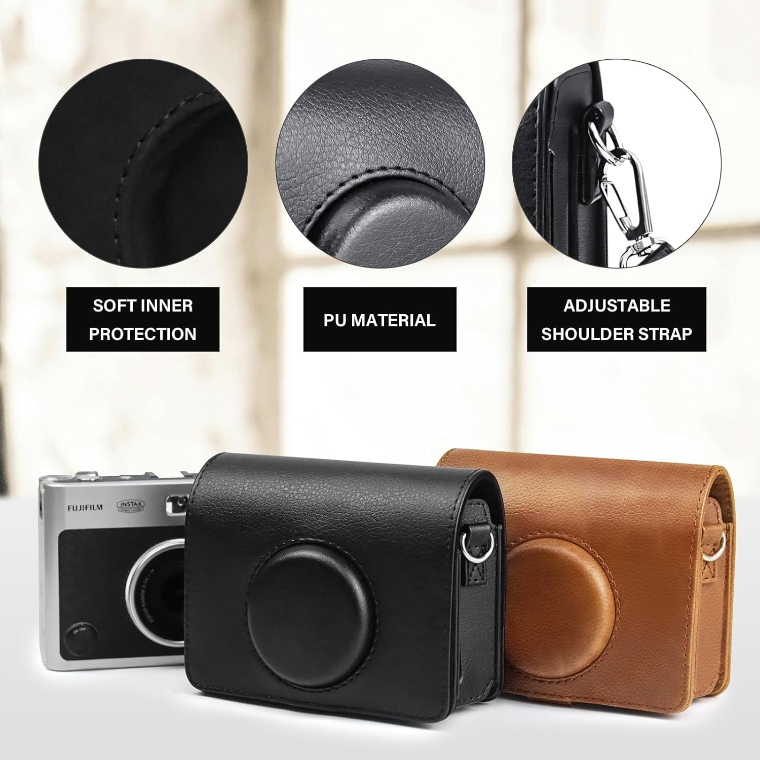TYUANDOUER Protective Case Compatible with Fujifilm Instax Mini Evo Instant Camera, PU Leather Retro Carry Case for Fuji Instax Mini Evo with Adjustable Shoulder Strapp - Black - Silver image number 7