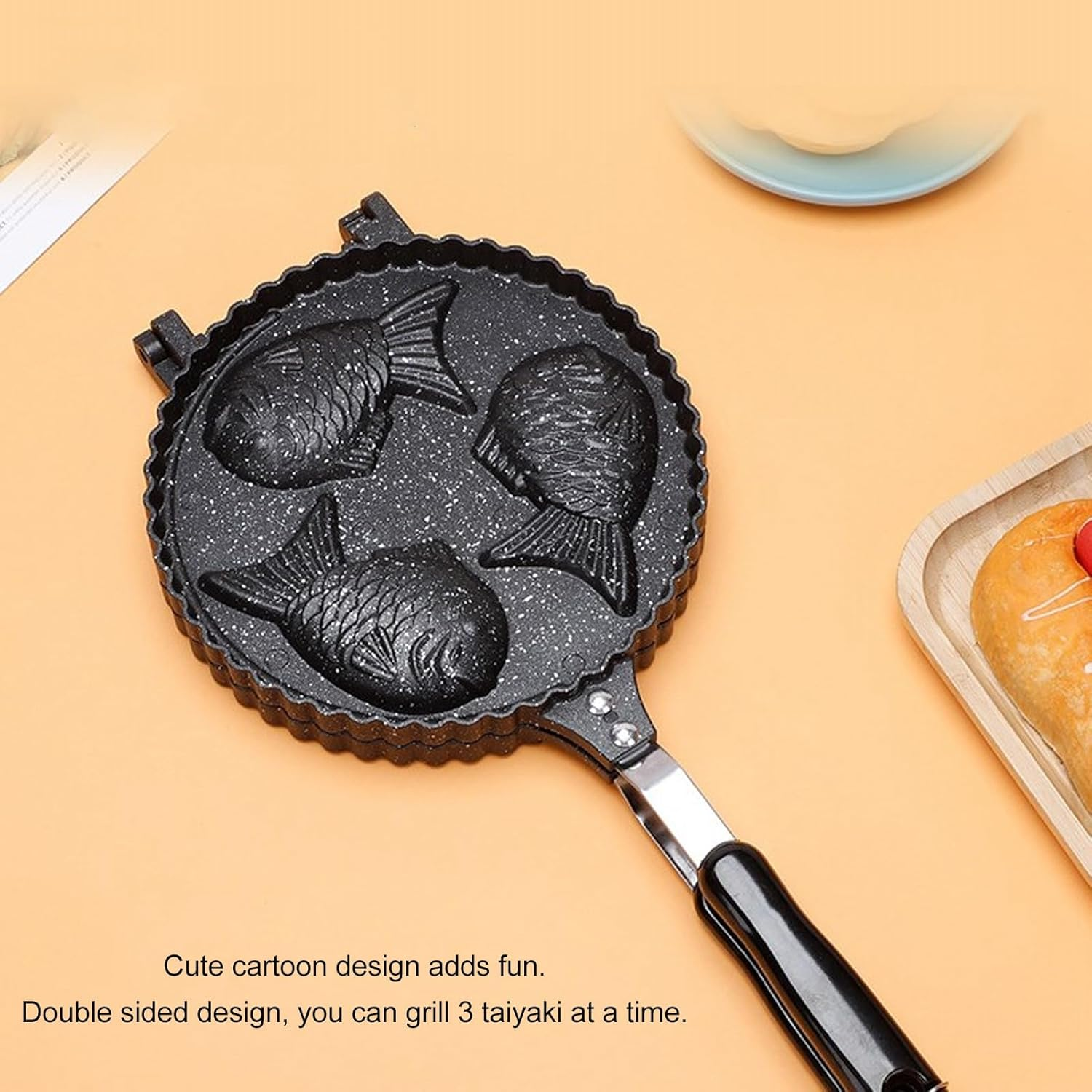 Omabeta 1PCS Fish Waffle Maker with 3-Cavity Non-Stick Griddle, 42X19.5Cm/16.5X7.7In Double-Sided Aluminum Pan with Uniform Heating for Taiyaki Pancakes, Home and Snack Bar Baking