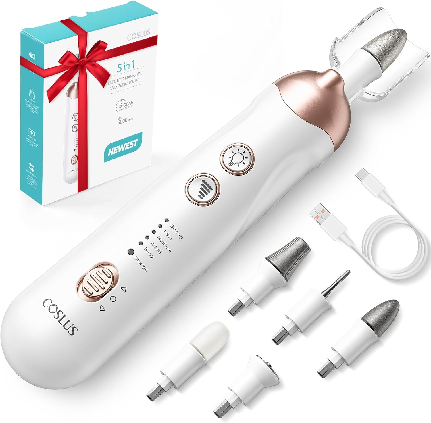 COSLUS Professional Manicure Pedicure Kit Cordless: 8 in 1 Electric Nail File Set, 5 Speed Nail Drill Grinder for Thick Nail Toenail Cuticle, LED Hand Foot Care Trimmer Buffer for Women Men Baby Pets image number 3