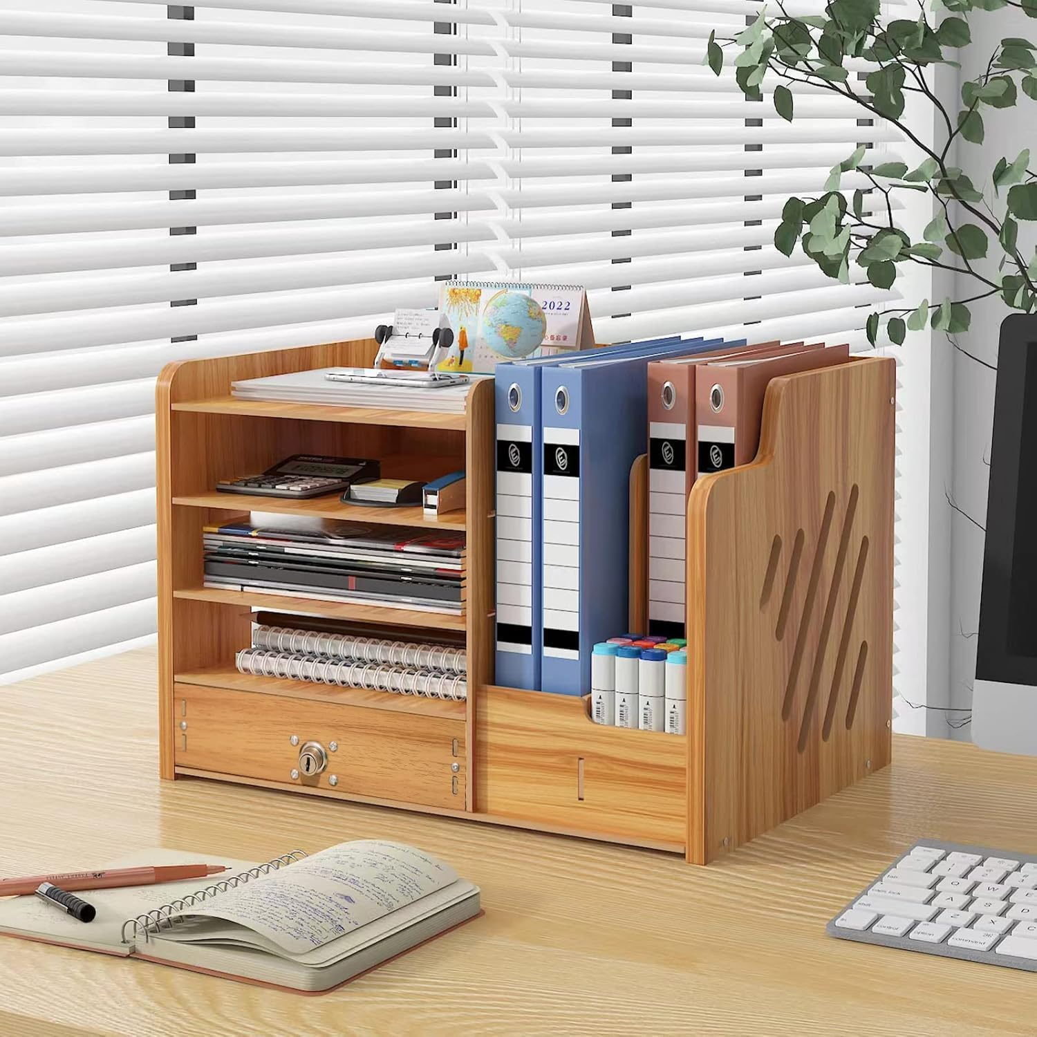 Bamboo Desk Organizer, Desktop Wood Bookshelf File Organizer, Pen Holder and Tissue Holder, 1 Drawer with Lock for Office, Home, Need to Install (Wood Color) - Wood Color image number 3
