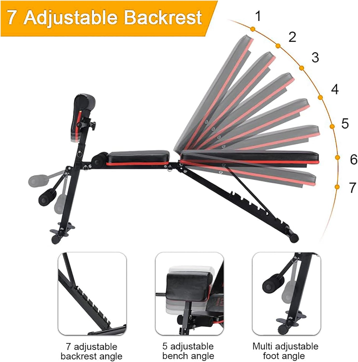 Adjustable Weight Bench, Foldable Full Body Exercise Workout Bench 150KG Capacity Utility Bench for Home Gym Full Body Fitness Training Benches with Elastic Ropes image number 4