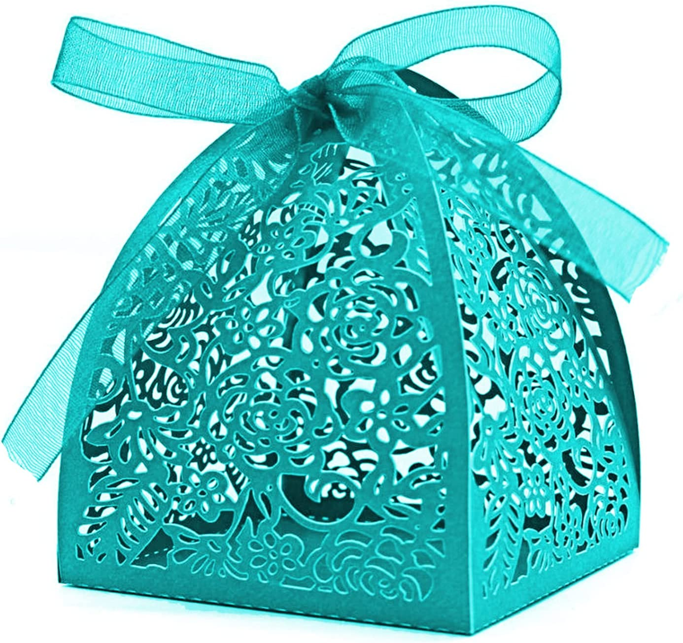 Auto-Plaza 50 Pieces Beauty Laser Cut Favor Boxes DIY Wedding Birthday Gift Candy Boxes with Ribbons (Skyblue)