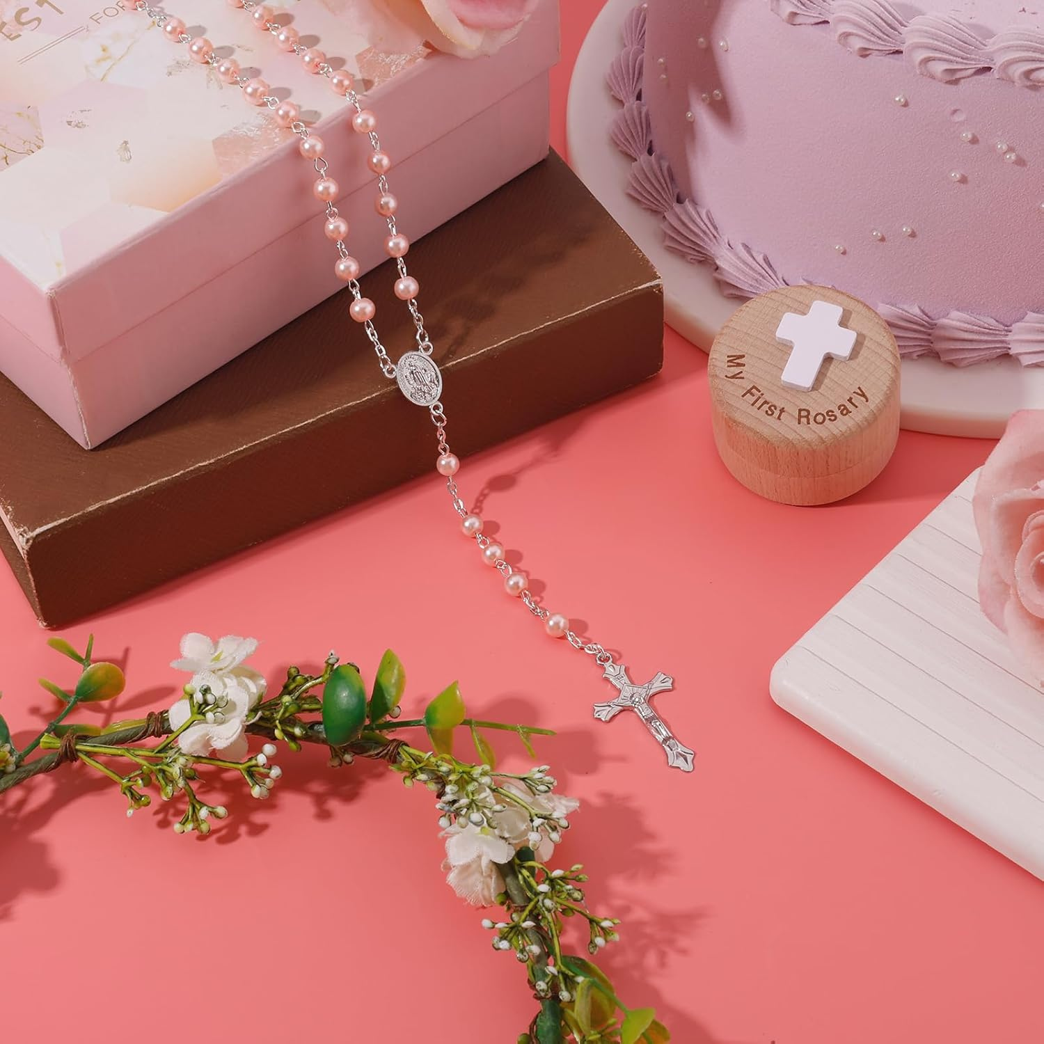 My First Rosary Baptism Gifts, Baptism Memorial Box Pink Rosary Necklace Beads Christening Gifts Catholic First Communion Gifts Rosary Box Holder for Women Baby Shower image number 5
