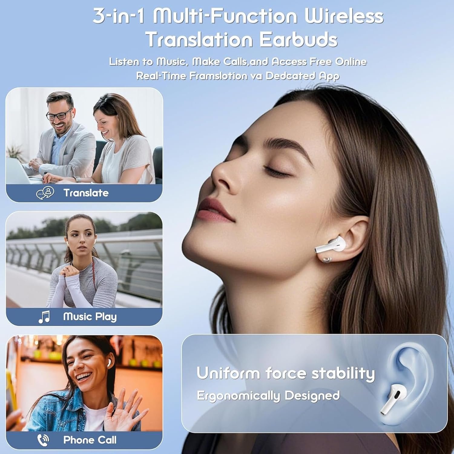 ASHATA AI Translation Earbuds Real Time, Translation Headphones with 7 Modes, Language Translator Earbuds 5.4 with APP, Noise Cancelling, for Travel Business Learning