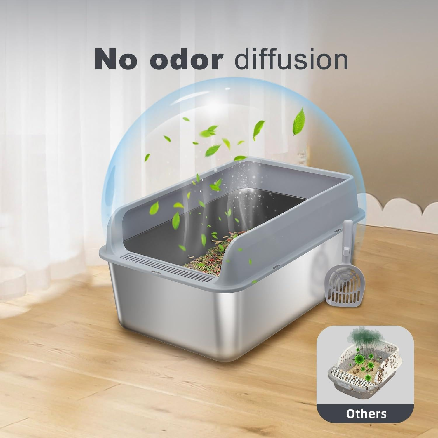 Stainless Steel Cat Litter Box, 60L X 40W X 30H CM for Big Cats with High Wall Sides Enclosure and Scoop, Non-Sticky, Anti-Leakage, Easy Cleaning image number 3