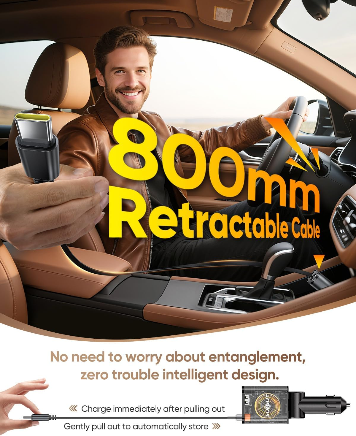 SUNGUY 3-In-1 Car Charger, Ultra-Compact Retractable, Fast Charging, 12/24V Cars, Charge 3 Devices Simultaneously, 80Cm Type-C Cable Compatible with I-Phone 16/15 Series, Ipad/Iwatch/Galaxy image number 4