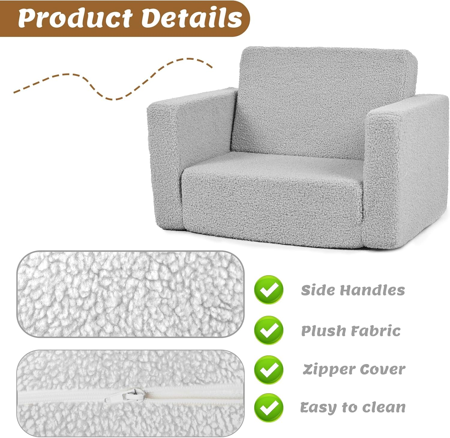 FAYDUDU Kids Sofa, 2-In-1 Fold Out Soft Toddler Couch, Kids Sofa Bed with Washable Covers, Toddler Chair with Side Pocket Suitable for Playroom and Bedroom, Baby Sofa for Boys and Girls (Gray, S) image number 1