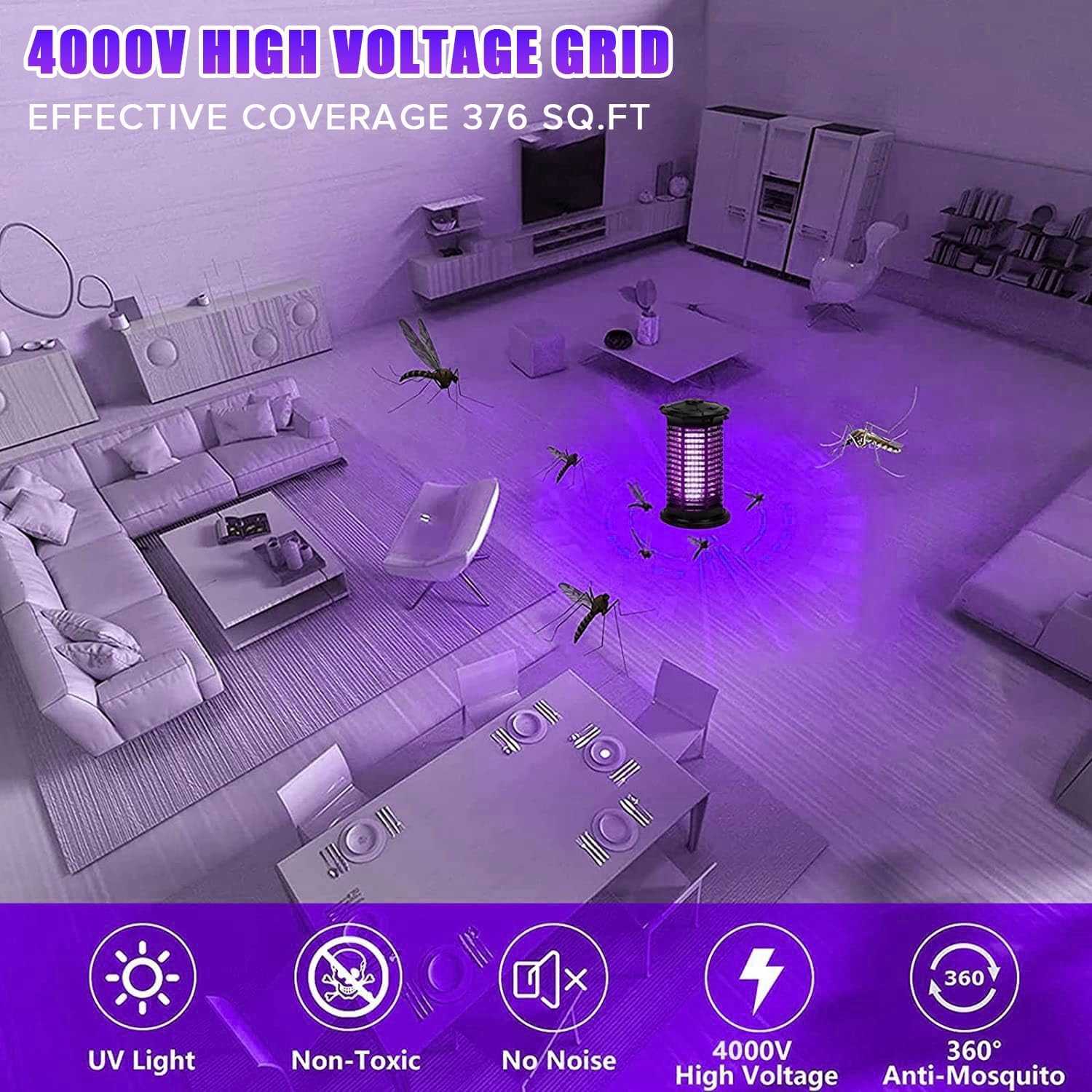 4200V Electric Mosquito Zapper, Yakiter Mosquito Killer, Waterproof Fly Zapper Bug Zapper, Mosquito Zapper Standing or Hanging Outdoor/Indoor, Mosquito Killer for Home, Insect Fly Zapper (Black) image number 4