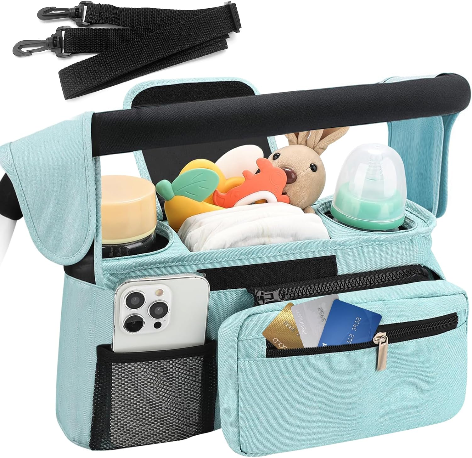 Universal Stroller Organizer with Insulated Cup Holders Detachable Phone Bag & Shoulder Strap, Stroller Accessories Fits for Britax, Uppababy, Baby Jogger, Bugaboo, BOB Stroller (Black)