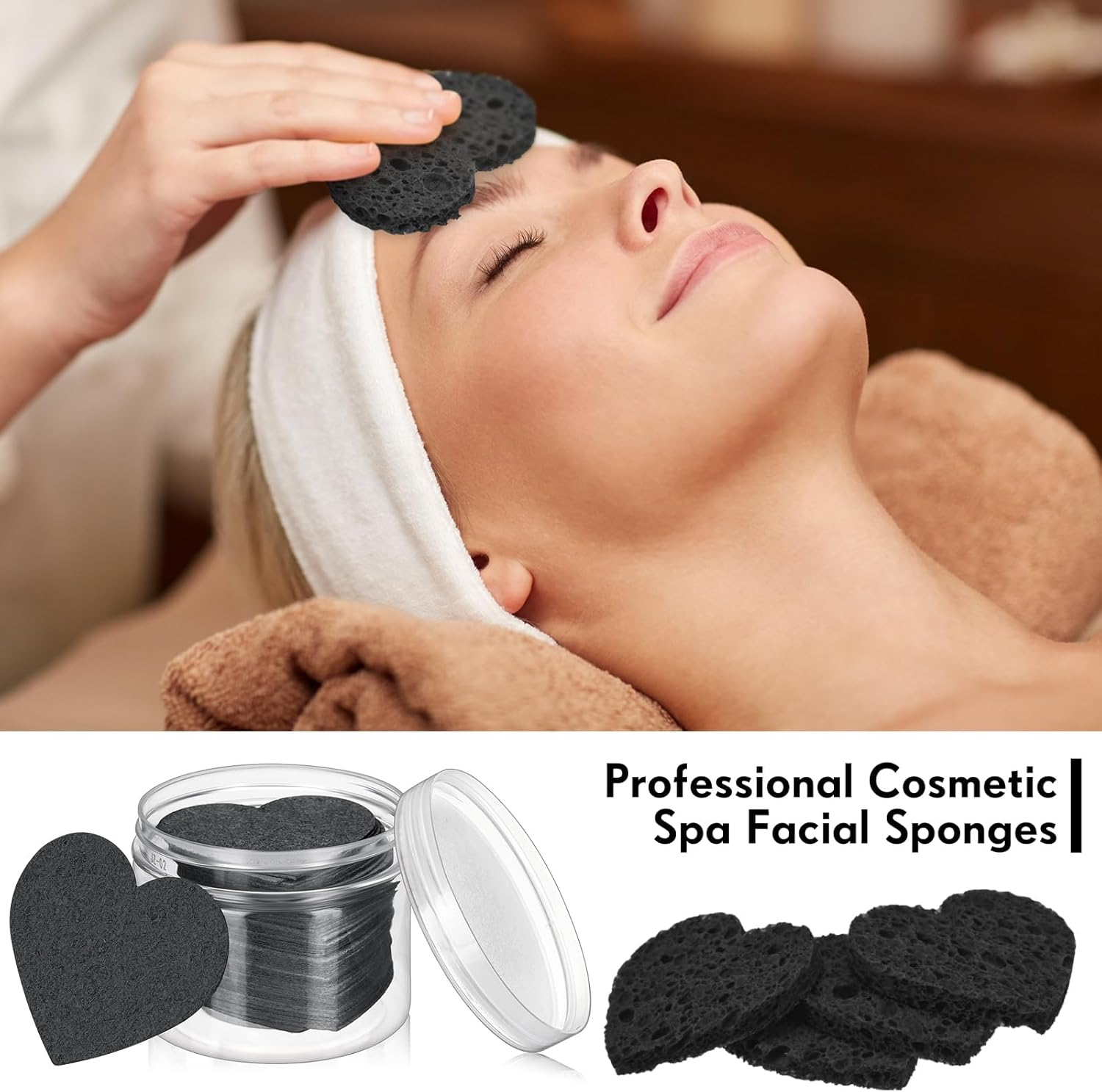 Nuenen 60 Pieces Facial Sponges with Container, Heart Shape Compressed Face Sponges Natural Cleaning Pads for Washing Face Cleaning Exfoliating Esthetician Makeup Removal(Black) - Black image number 2