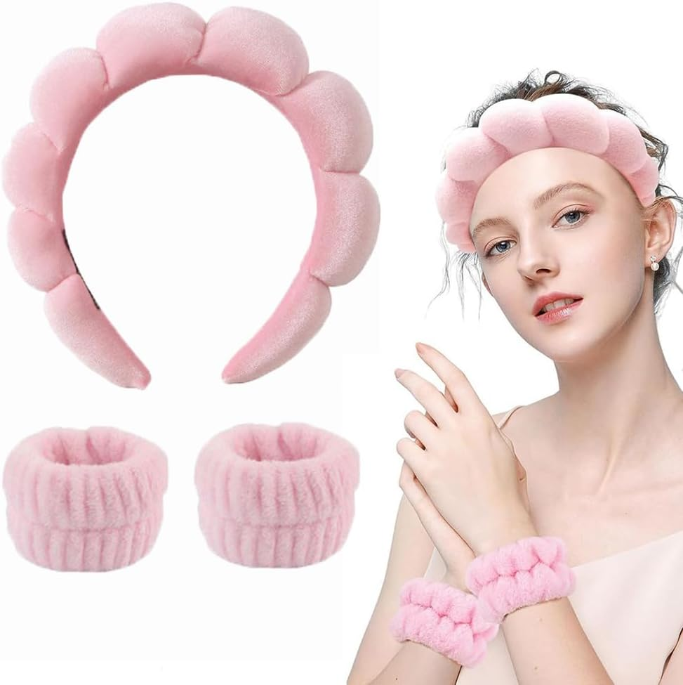 Sponge Headband Wristband Sets for Washing Face Makeup Headband Skincare Headband for Women Girls Spa Headband Terry Cloth Headband Soft Puffy Headband image number 5