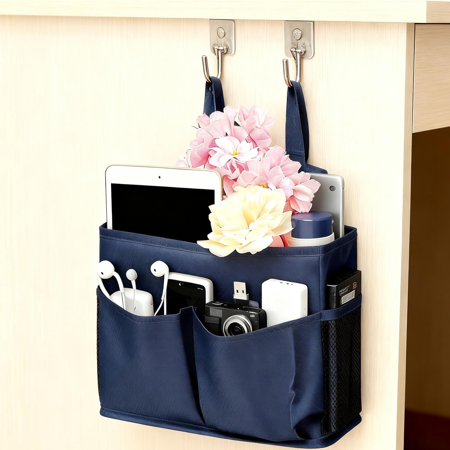 Bedside Table Organiser, Practical Bedside Caddy, Hanging Organiser, Storage Pocket Bag Suitable for Bunk Beds, Hospital Beds, College Dorms, Crib Rails, and Camping (Deep Blue)