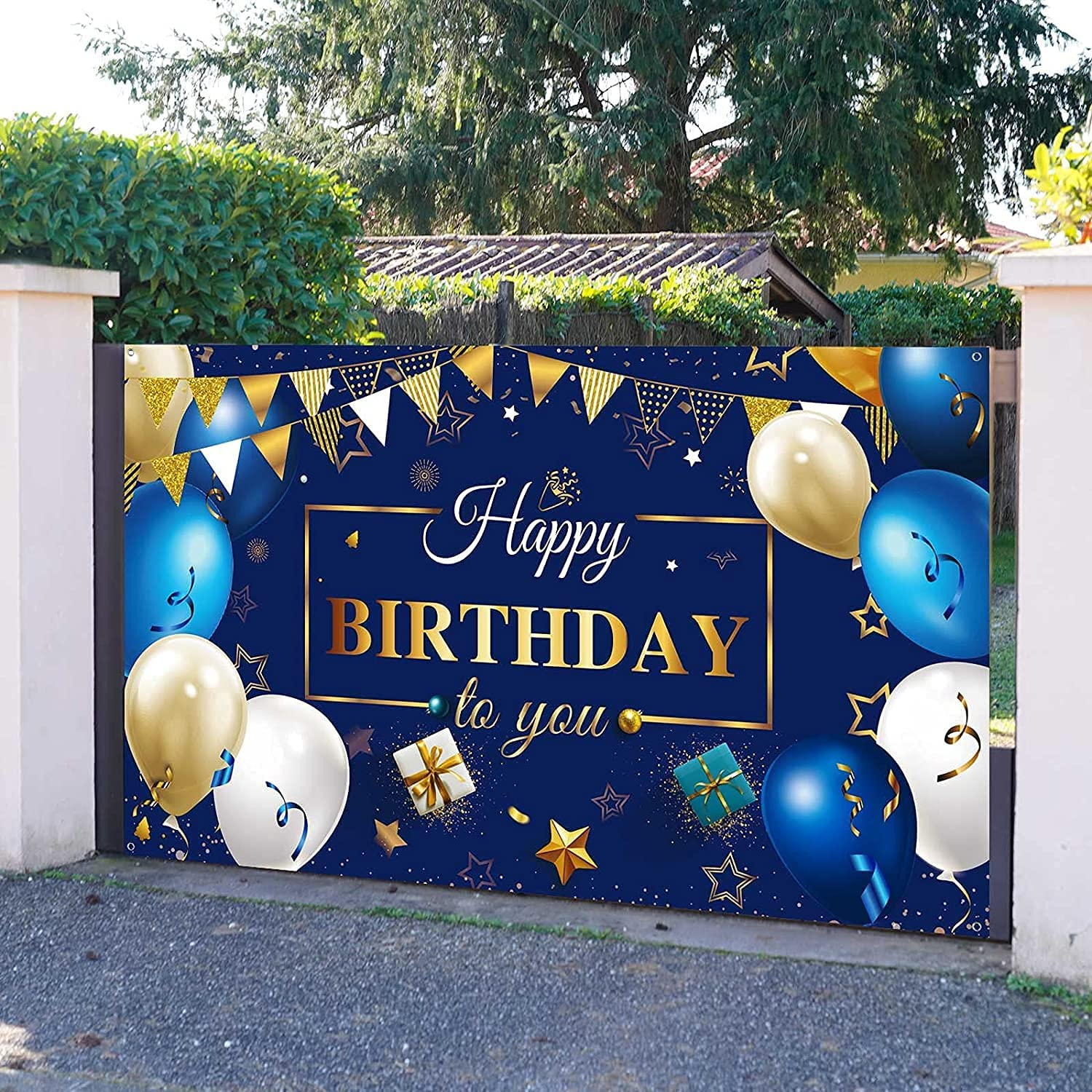 Happy Birthday Decorations Banner - Navy Blue and Gold Sign for Party Supplies, Photo Backdrop Background for Children, Men, Women Celebration, 72.8 X 43.3 Inch image number 1