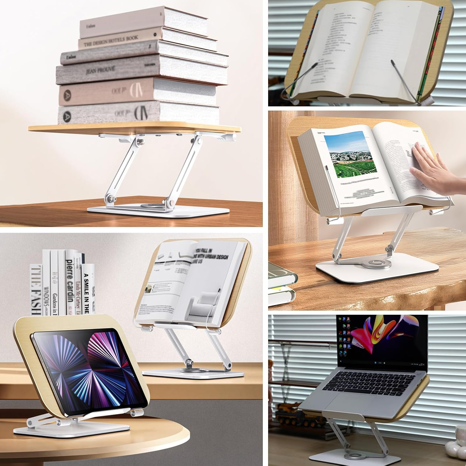 Book Stand for Reading, 360&deg;Rotating Adjustable Book Holder with Upgrade Page Clip, Ergonomic Multi Heights Angles Foldable Desktop Book Stand for Cookbook, Music Sheet, Laptop