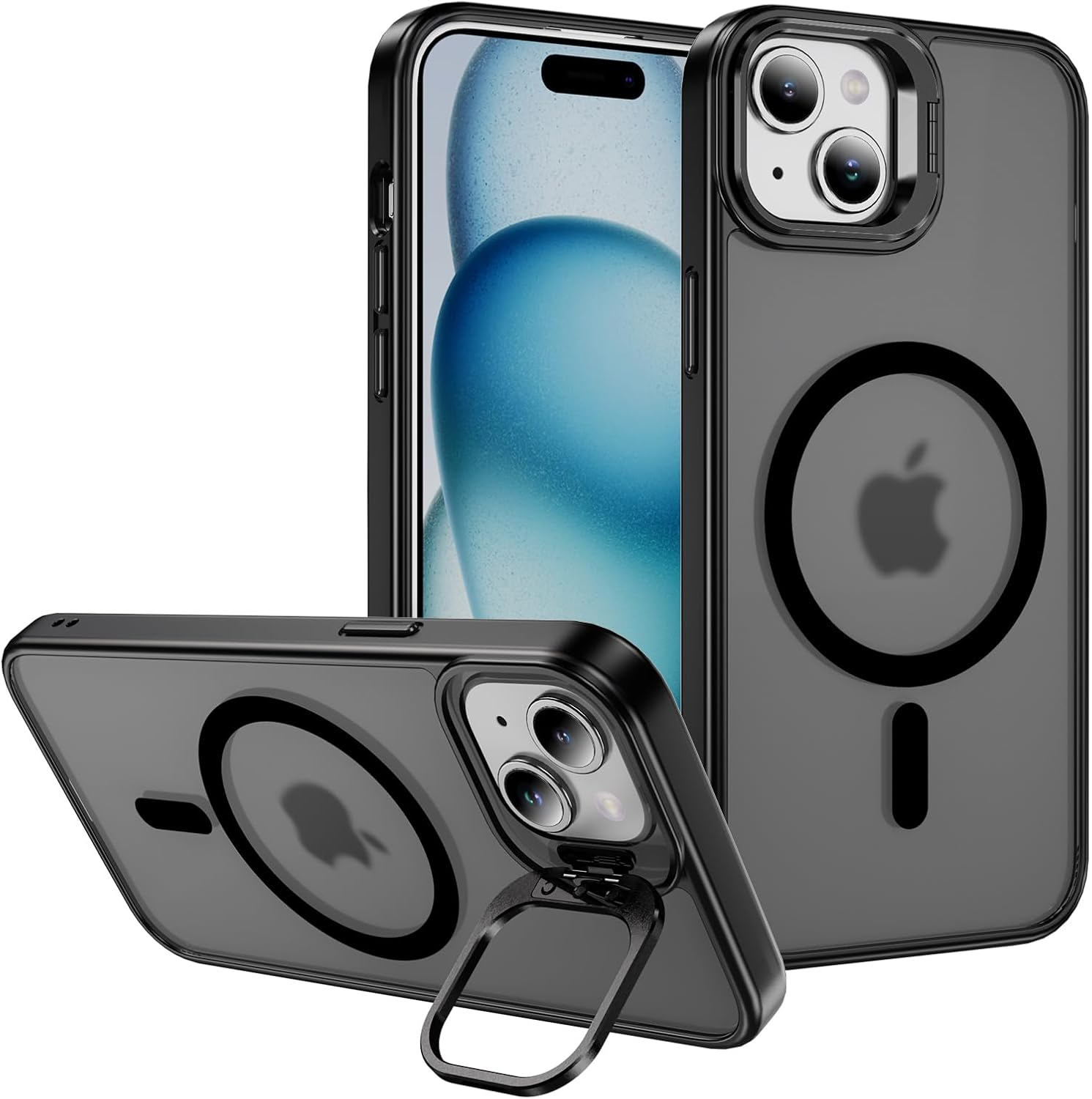 For Iphone 15 Case with Metal Camera Stand [Compatible with Magsafe] Full Protection Shockproof Cover Translucent Magnetic Case for Iphone 15 (Black)