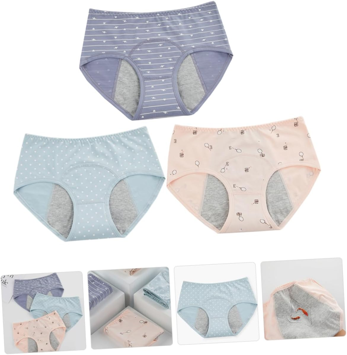 3Pcs Women Menstrual Underpants Medium Waistline Safety Pants with Leakage Protection Comfortable Period Briefs Shrimp Lake and Grey image number 6