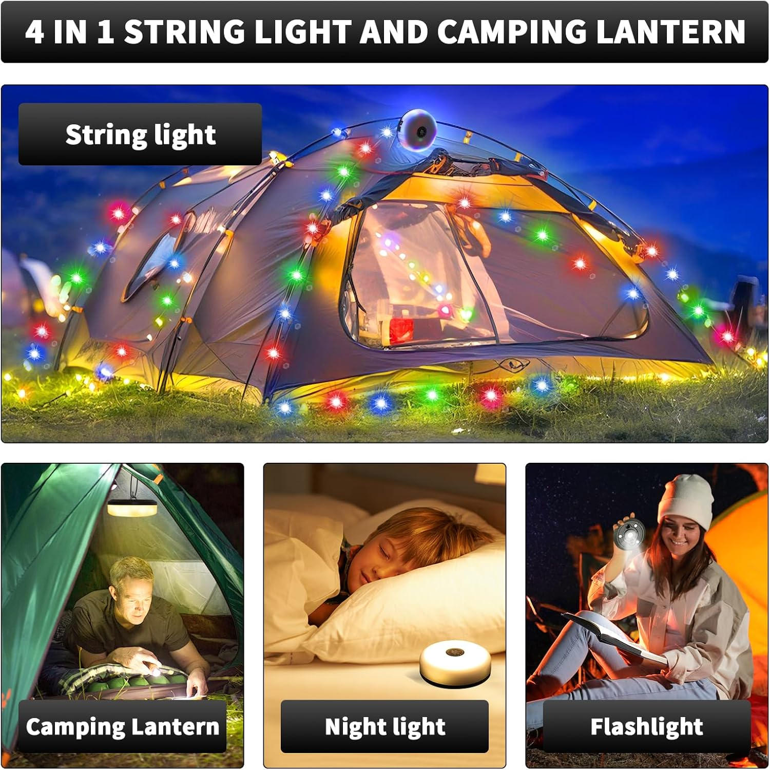 10M Camping String Lights Waterproof Outdoor with 8 Modes, USB-C Rechargeable 2000Mah Battery, Magnetic & Hanging Fixing, Quick-Reel Storage for Tent Hiking Emergency image number 4