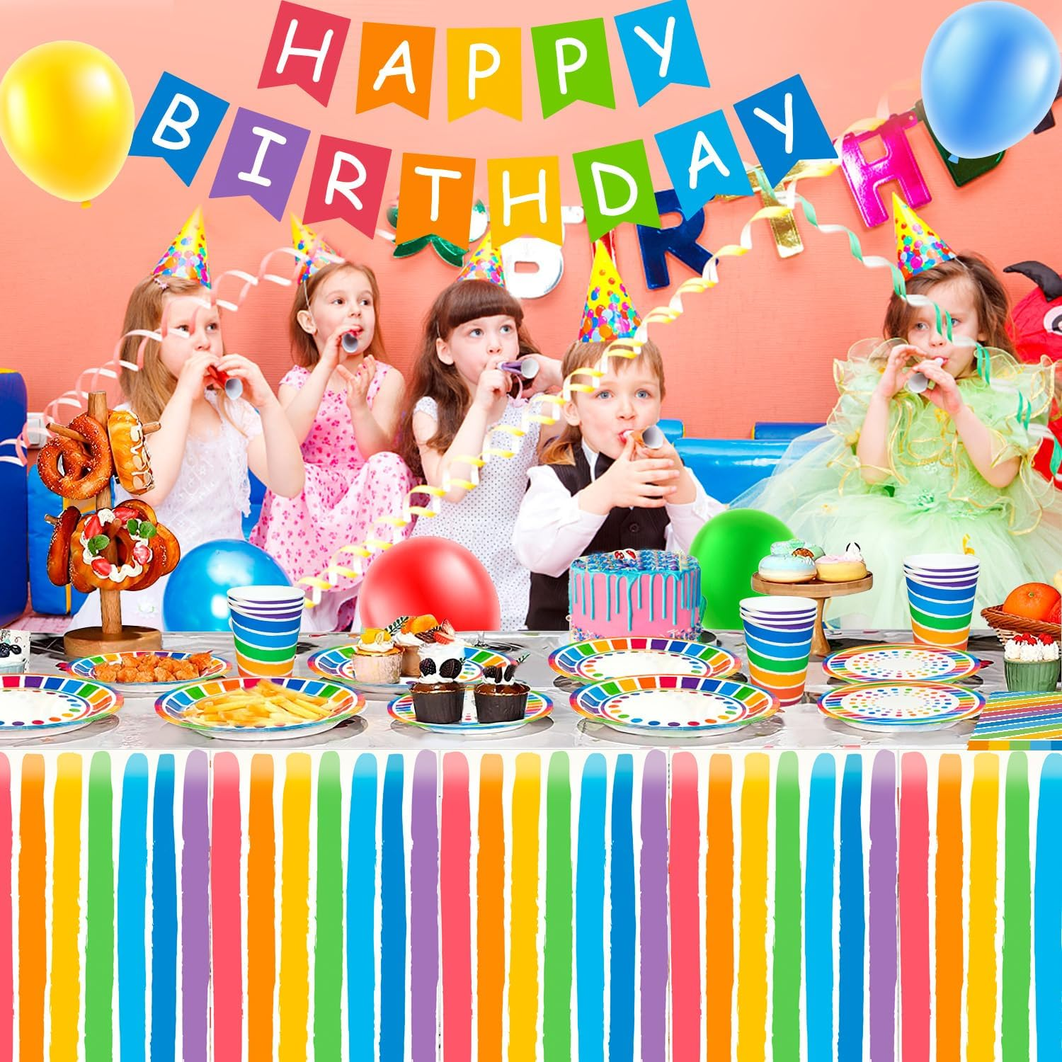 Rainbow Party Supplies,166Pcs Rainbow Party Decorations & Tableware Set - Rainbow Party Plates Napkins Cups & Rainbow Birthday Decorations Balloons Banner Etc Rainbow Themed Birthday Party Supplies