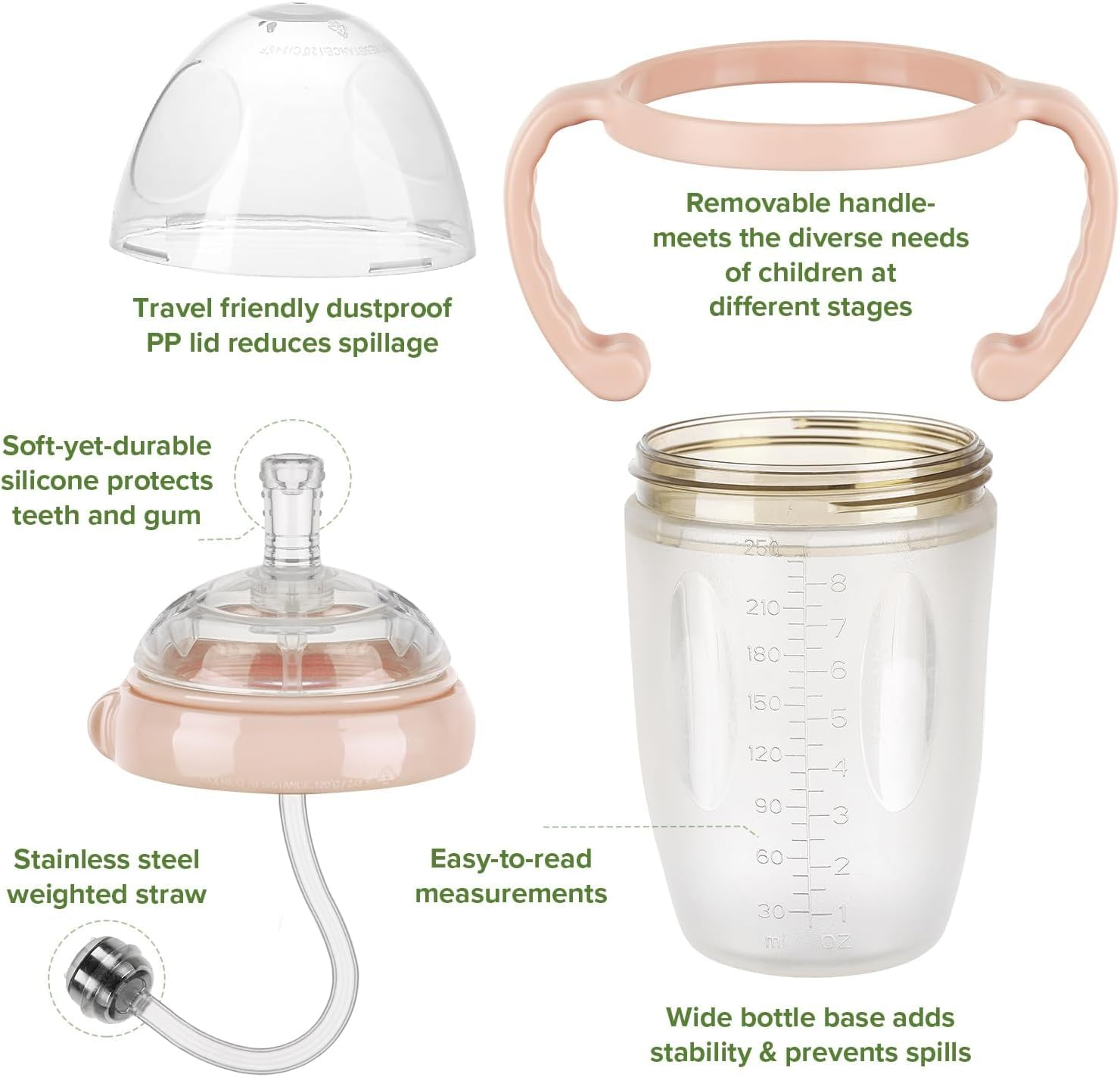 Haakaa Weighted Straw Trainer Cup with Cap 8 Oz, Gen.3 Silicone Sippy Cup with Cap & Straw Brush, Infant Water Cup with Straw, Peach - Pink image number 4