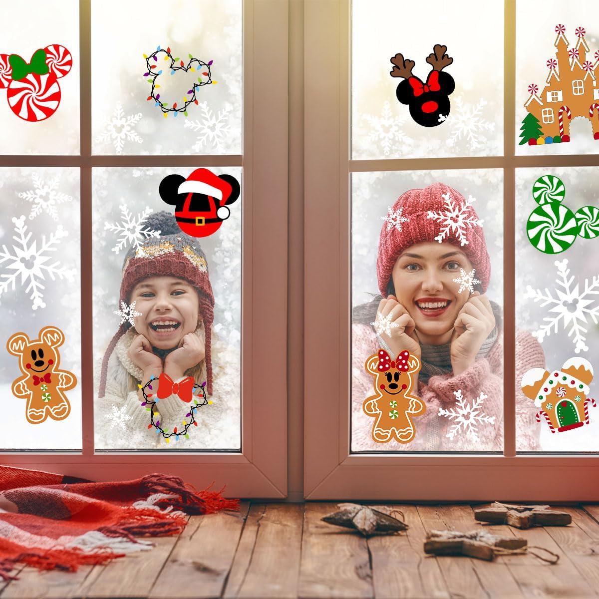 9Sheets Christmas Window Clings Gingerbread Christmas Party Decorations Ginger Bread Man Mouse Castle Snowflake New Year Winter Decor Merry Christmas Decals for Office Home Hotel Decorations image number 1