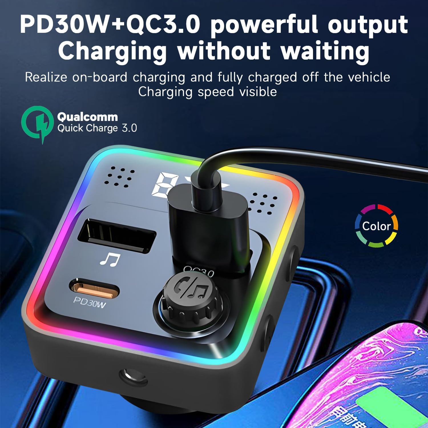 QUMOX Bluetooth 5.3 FM Transmitter Car Charger, PD30W USB-C + QC3.0 Fast Charging, 7-Color Ambient Light, Hands-Free Calling, Dual USB Ports, Universal 12-24V Car Compatibility image number 1
