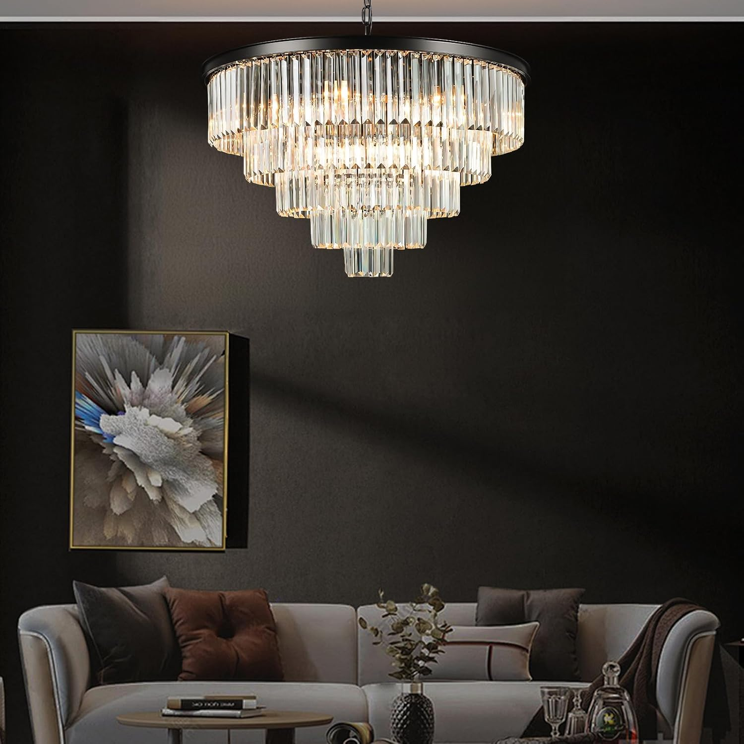 USOR 16 Lights Large Crystal Chandeliers D80Cm H50Cm Modern Luxury Flush Mount Ceiling Light Fixture 3 Colors Hanging Pendant K9 Crystal Chandeliers (Black+Clear Crystal, D80Cm X H50Cm)