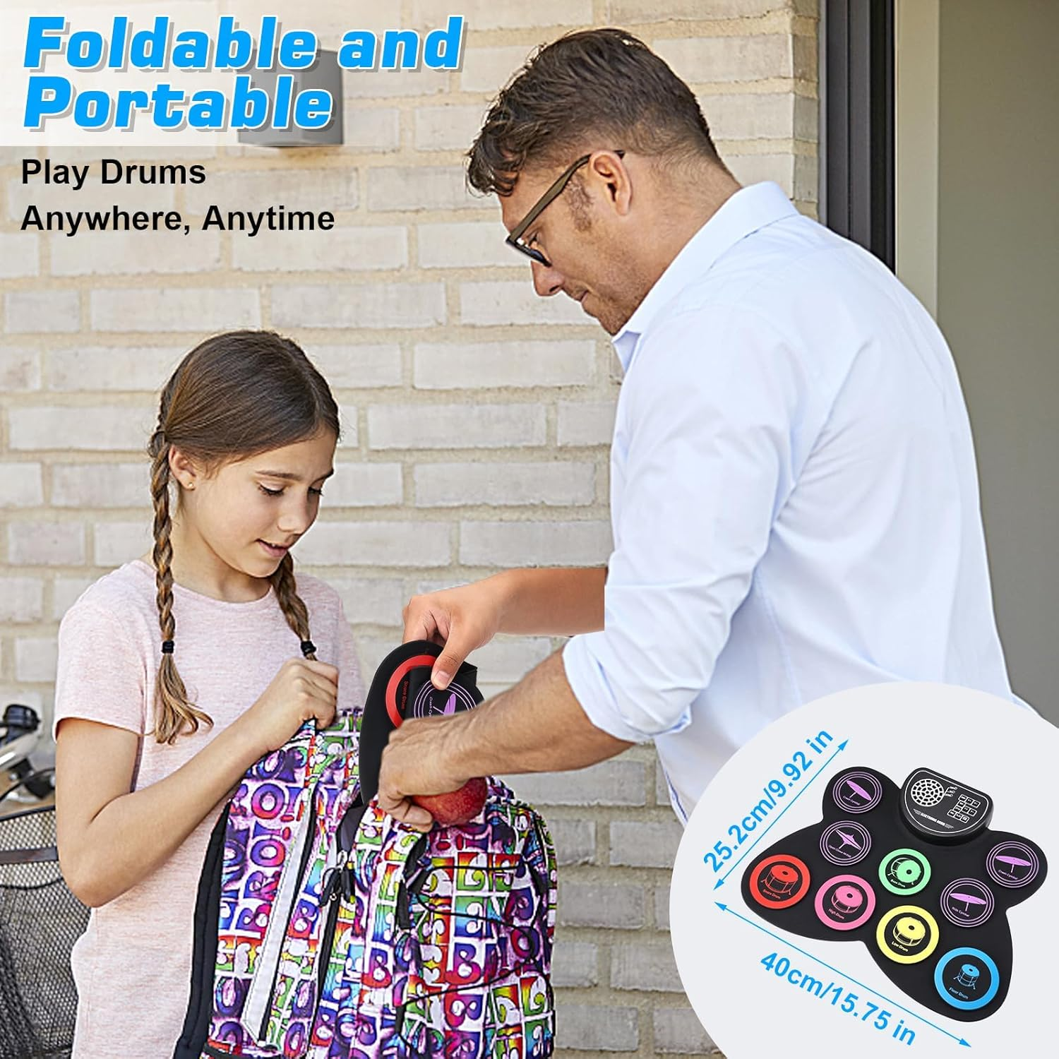 9 Pads Roll up Electronic Drum Kit, Kids Drum Set with Built-In Speakers,Sticks, Pedals, Bluetooth MIDI, Great Christmas & Birthday Gift for Beginners, 10 Hours Playtime image number 2