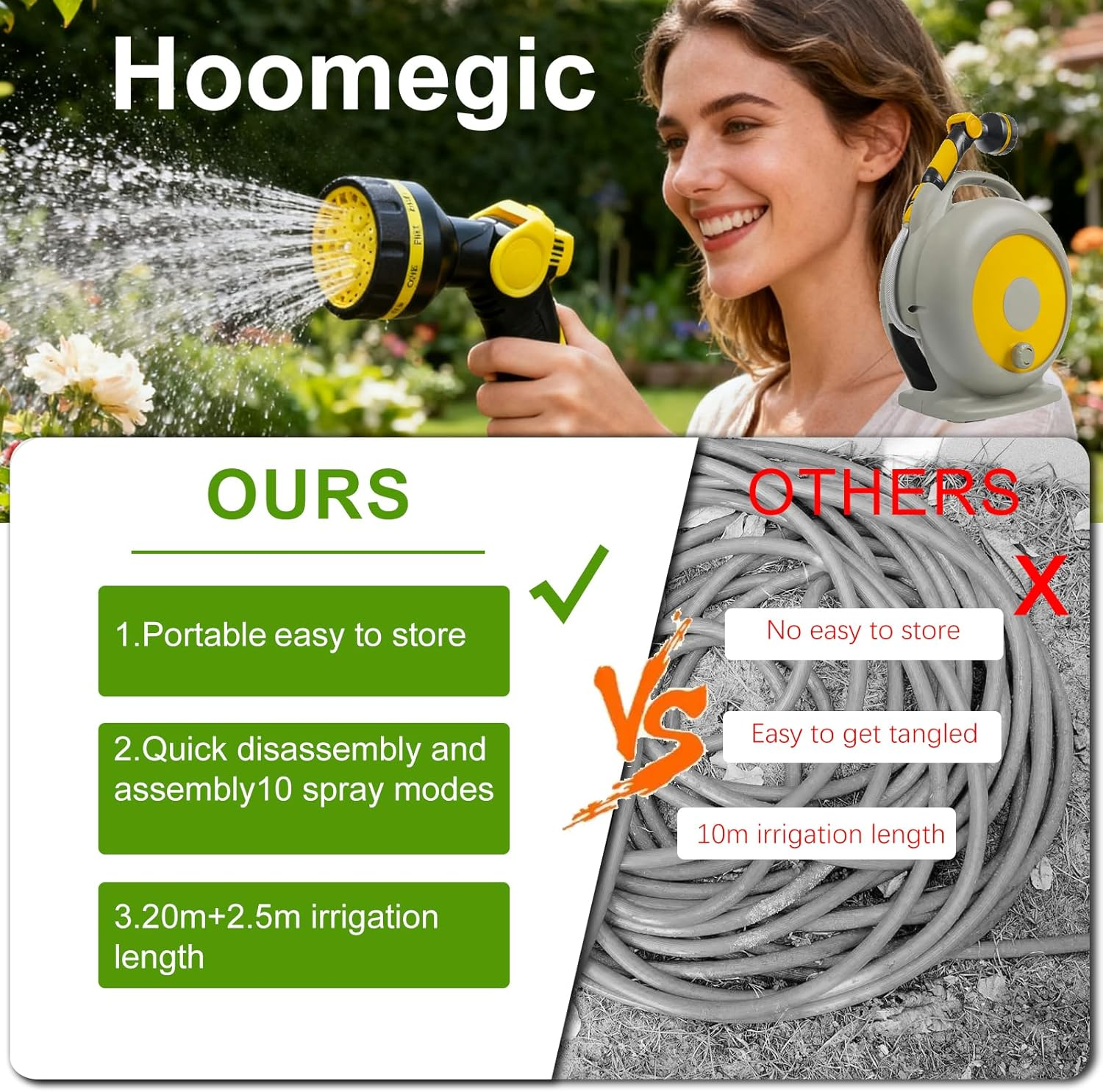 20M+2.5M Garden Hose Reel with 10 Function Sprayer Nozzle, Manual Retractable Hose Reel, Easy Storage, Durable, Frost Protection, Garden Pipe Hose Cart for Gardening, Car Washing, Pet Bathing image number 5