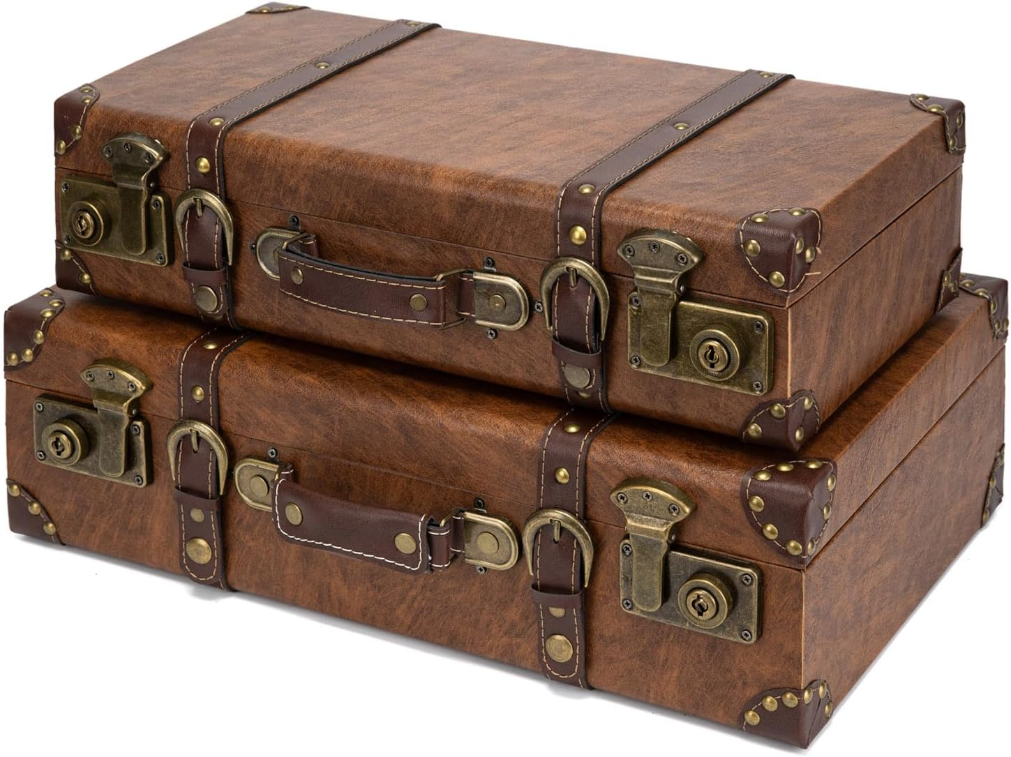 Feilario Vintage Leather Storage Trunk Small Portable Decorative Luggage Suitcase Movie Prop Luggage- 2 Size Option (Brown, S/L Set) image number 6