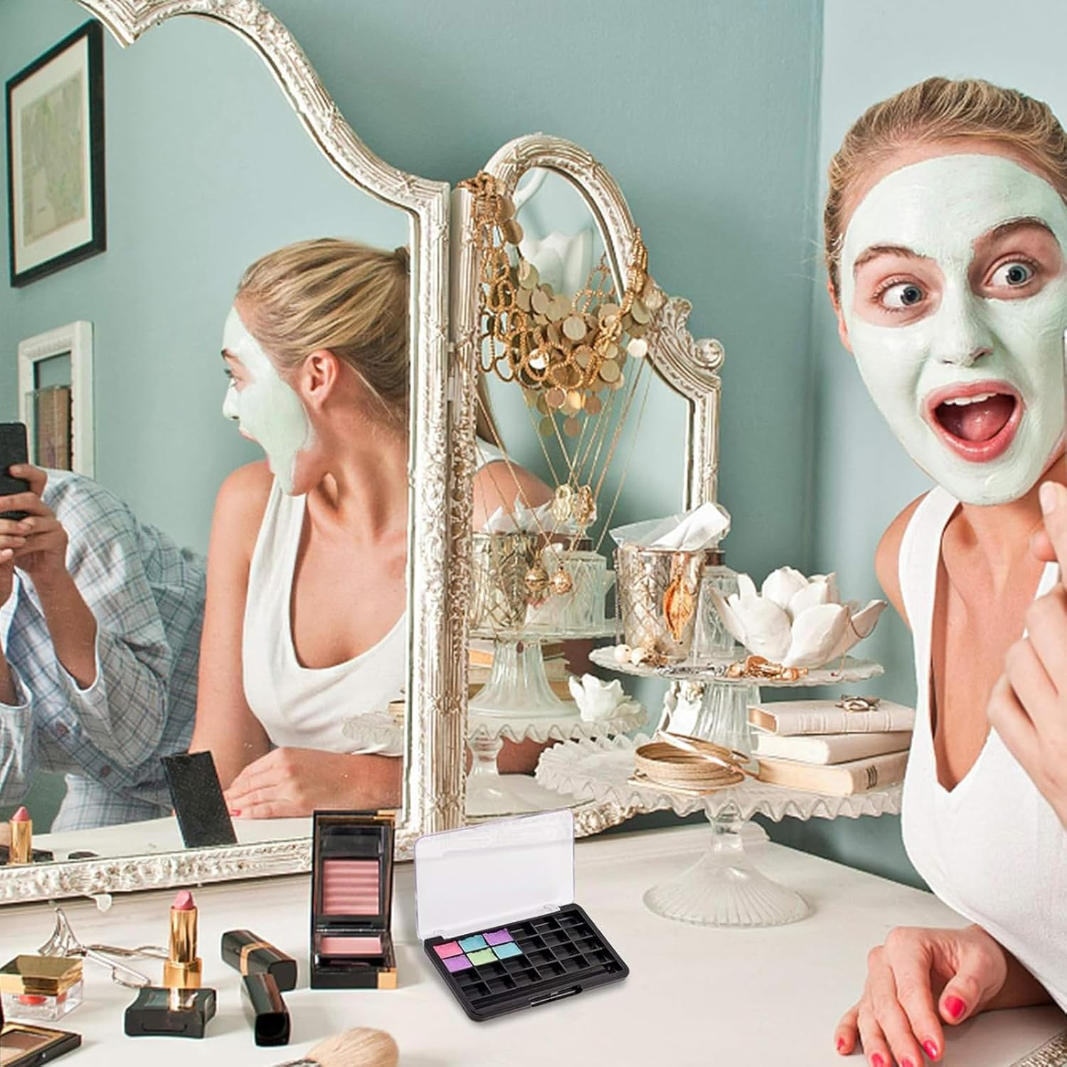 Tavvke 2 Pcs Empty Eyeshadow Palette with 24 Compartments, Reusable Cosmetic Organizer for Lipstick, Lip Balm, Eyeshadow, Blusher, Makeup Artist Storage Container image number 6