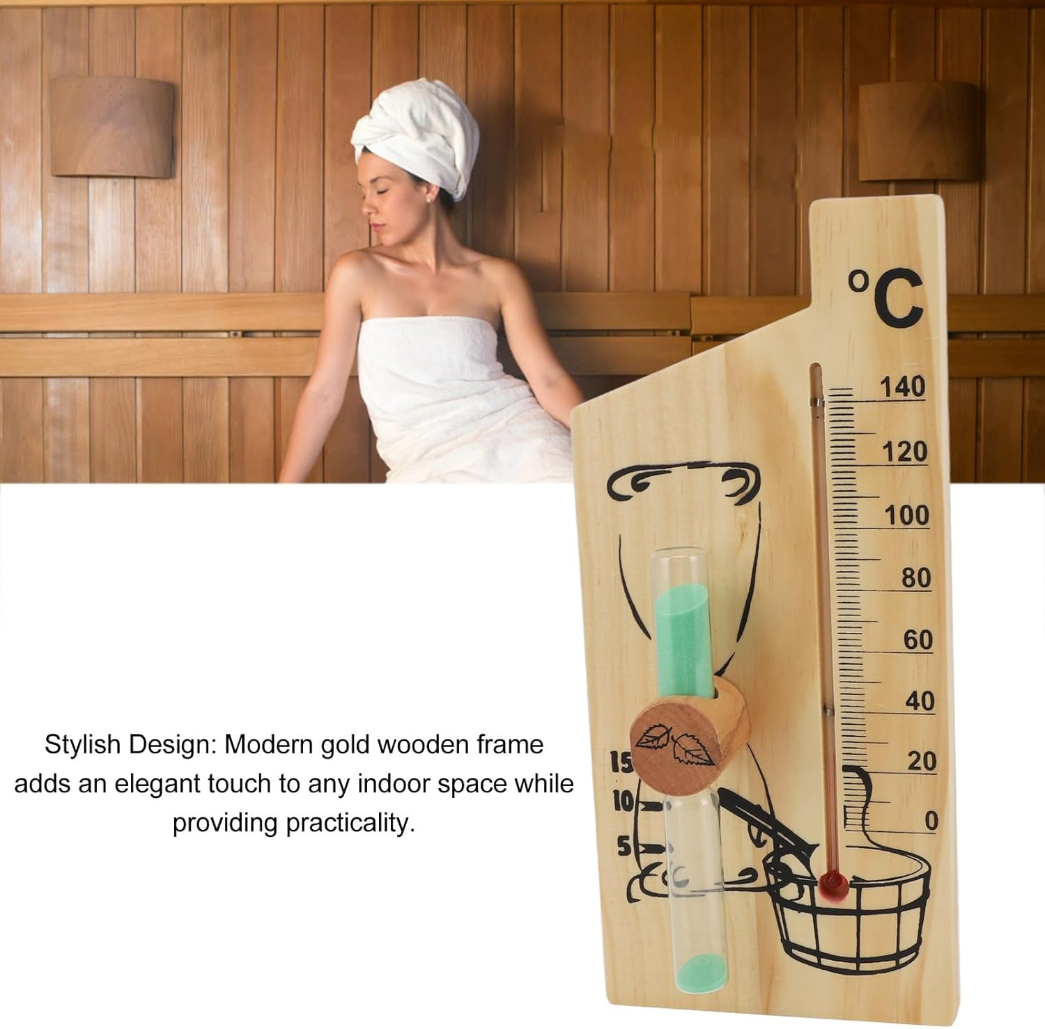 Sauna Thermometer Hourglass, Steam Room Sauna Thermometer and Hygrometer Golden Wooden Frame Double Table Wall Hanging Indoor Solid image number 1