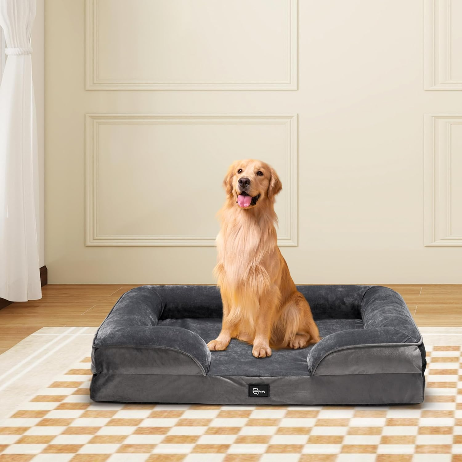 Petzly Orthopedic Dog Bed with Sides &ndash; Soft Dog Sofa Bed for Small & Medium Dogs with Plush Egg-Crate Foam, Removable Washable Cover, Medium(71X58X18Cm), Grey image number 4