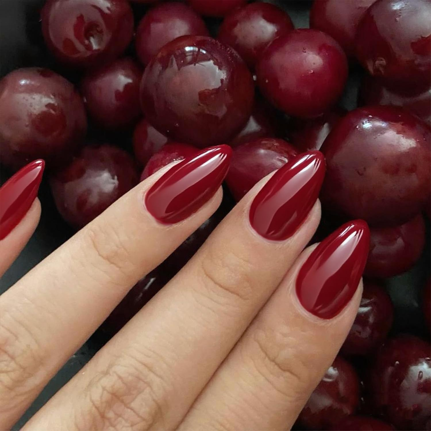 GLAMERMAID Dark Red Press on Nails Short Almond, Blood Scarlett Red Handmade Soft Jelly Gel Fake Nails Burgundy, Deep Red round Oval Stick Glue on Nails Kit for Women, Reusable Acrylic False Nail Set image number 6