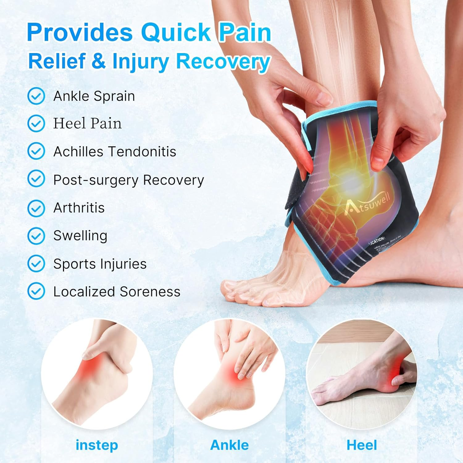 Atsuwell Ankle Ice Pack Wrap, Reusable Gel Ice Pack for Foot Ankle Heel, Cold Compress Therapy for Pain Relief, Injuries, Achilles Tendonitis, Swelling, Sprained Ankles and Heels image number 4