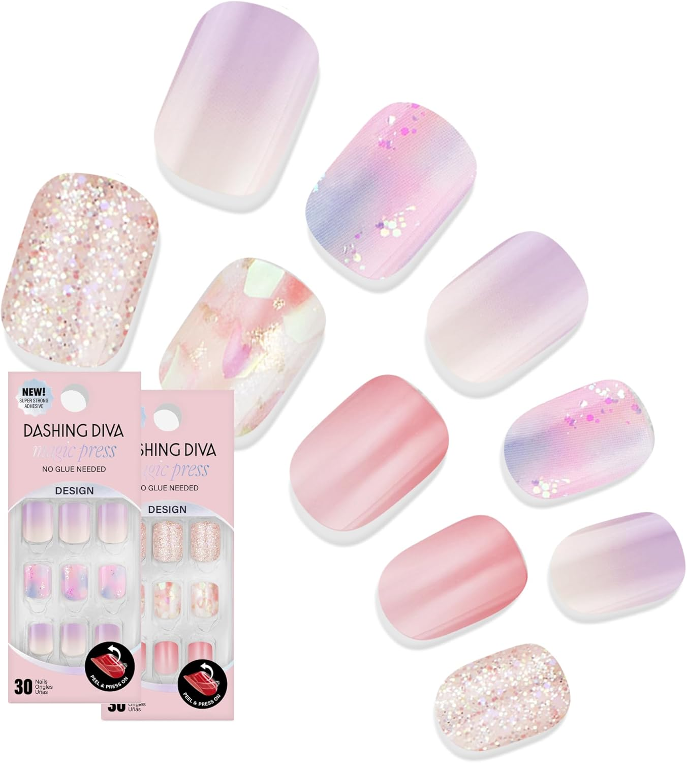 Dashing Diva Magic Press Nail Bundle - Dreaming in Pastel Collection - Short Square Press on Nails - Pink Passion & Inner Peace - Long Lasting Gel - Lasts up to 7 Days - 2 Sets
