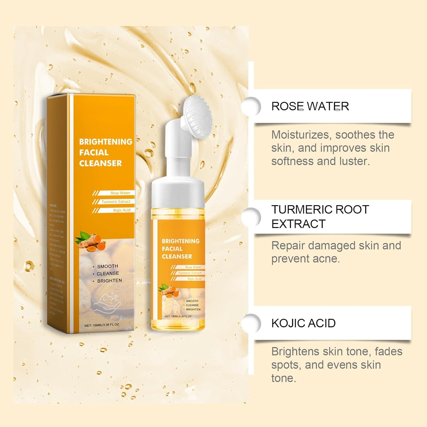 Turmeric Face Wash with Brush, Foaming Facial Cleanser for Deep Cleansing and Exfoliating, Brightening & Moisturizing Turmeric Cleanser for Women & Men, Gentle for All Skin Types (6Pcs) - 1Pcs image number 2