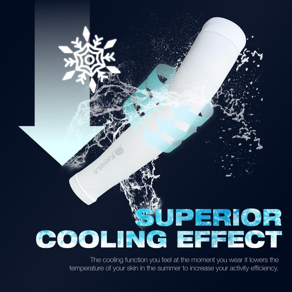 Kamelo UPF50+ Korean UV Sun Protection Cooling & Compression Arm Sleeves Pair Unisex for Men Women - CREORA&reg;/AQUA-X (AS-AQUA) - White image number 2