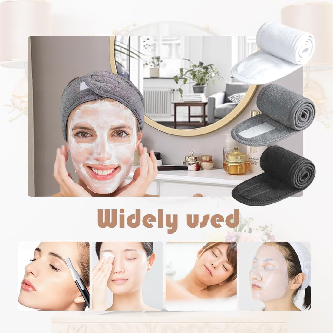 Pack of 3 Hair Bands, Cosmetic Headbands, Make-Up, Shower, Bath, Wrap, Sports Headband, Terry Towelling, Adjustable Stretch Towel with Magic Tape (Black, White And image number 5