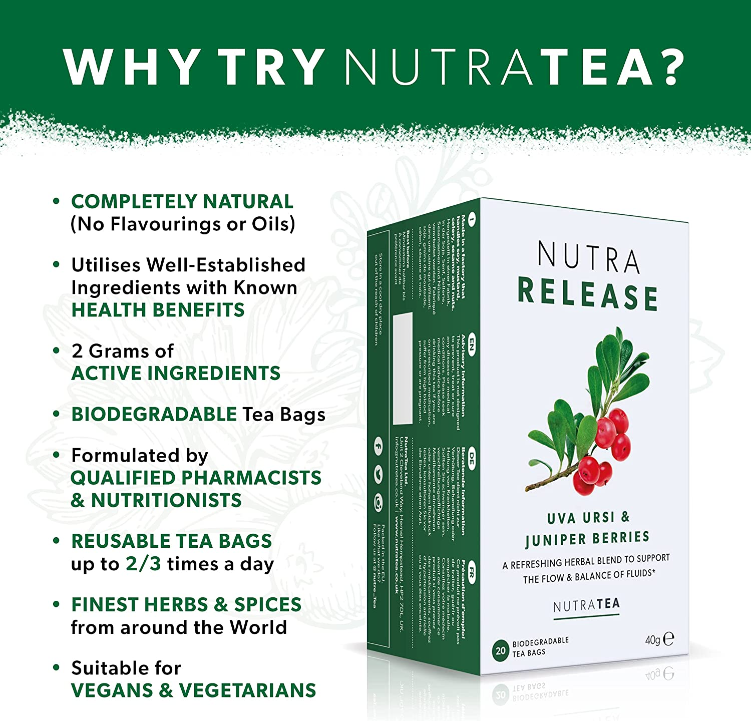 NUTRARELEASE - Water Retention Tea | Bloated Stomach Tea - Natural Diuretic for Water Balance - Includes Dandelion Root & Bearberry - 40 Enveloped Tea Bags - by Nutra Tea - Herbal Tea - (2 Pack) image number 4