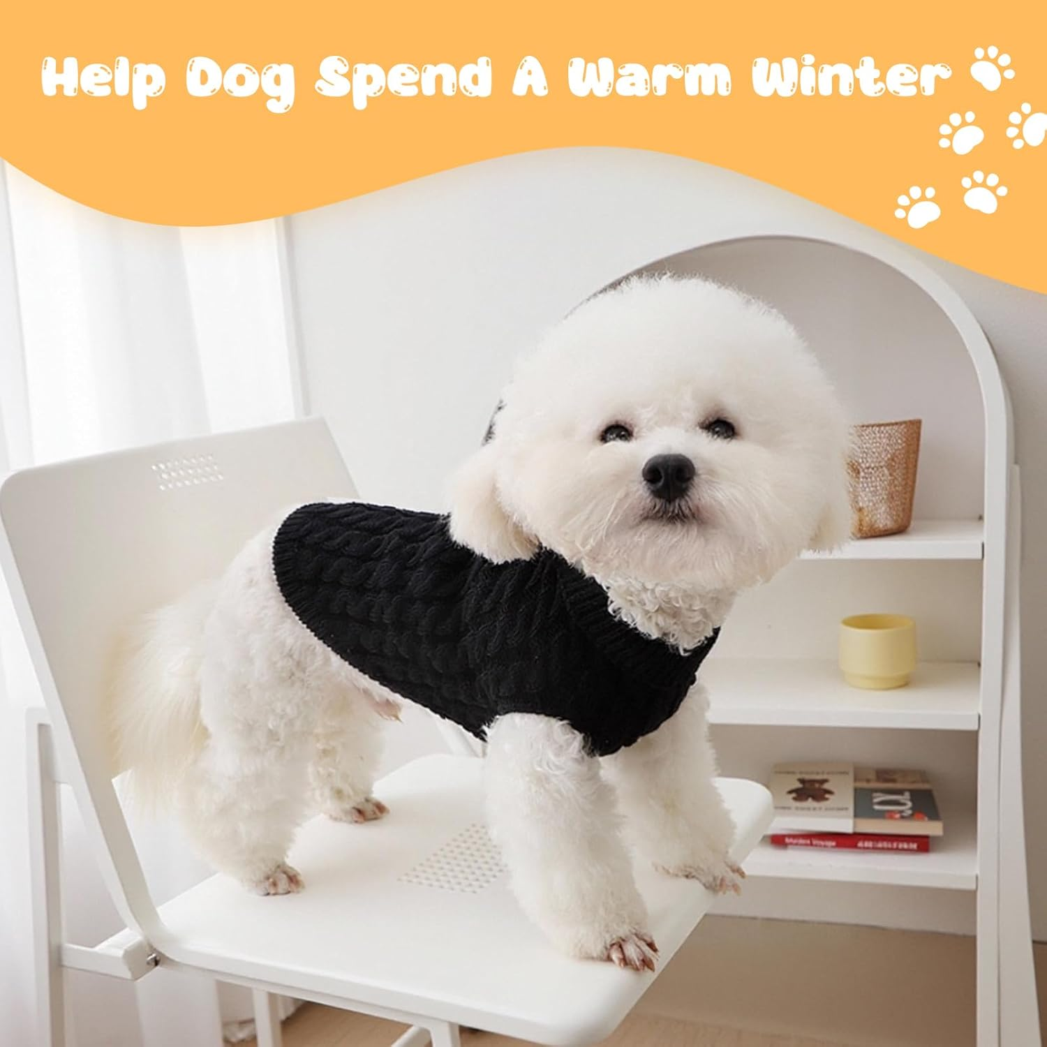 Fiohiros Dog Sweater Knitted Turtleneck, Warm Winter Dog Jumpers Cute, Dog Coat Apparel Puppy Twist Striped Vest Dog Clothes for Dog Cat (Beige+Black, S) image number 2