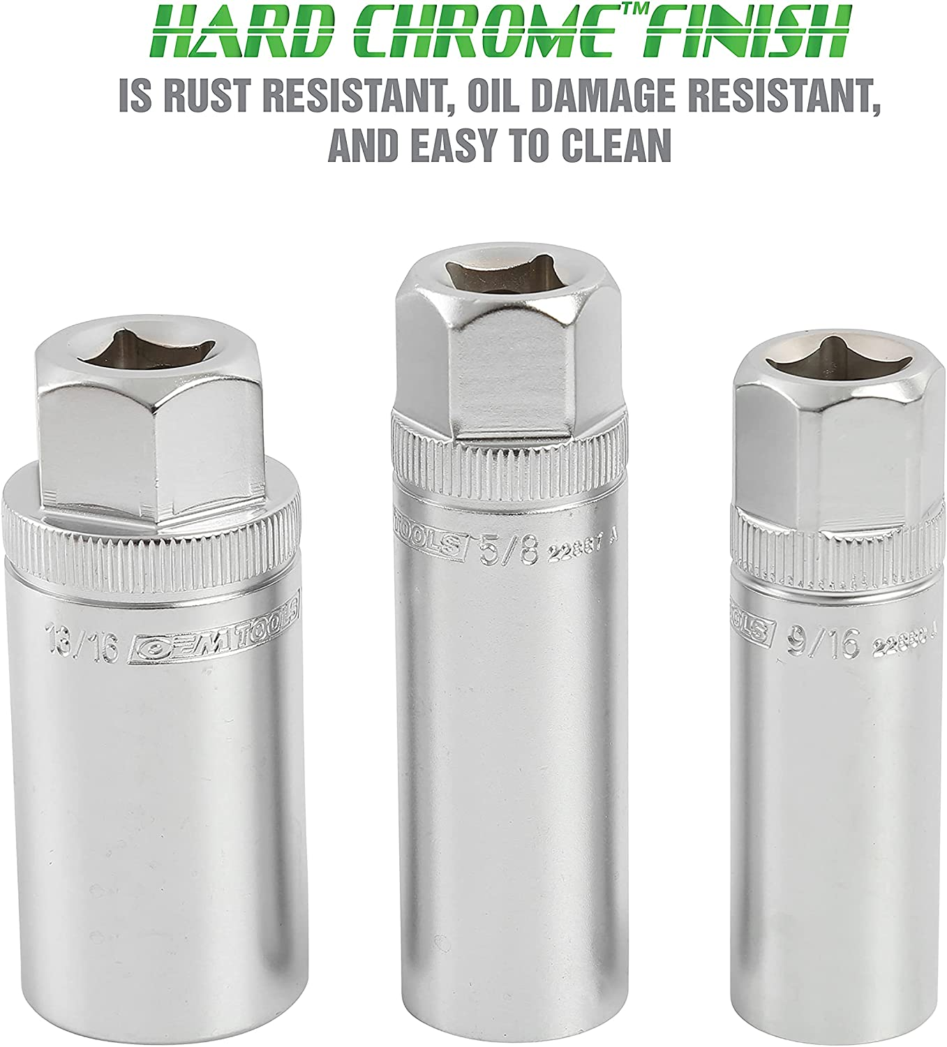 OEMTOOLS 22891 3/8 Drive Magnetic Spark Plug Socket Set, Contains 5/8" (16 Mm), 9/16", and 13/16" 6 Point Deep Sockets, Fits Most Car Spark Plugs image number 3