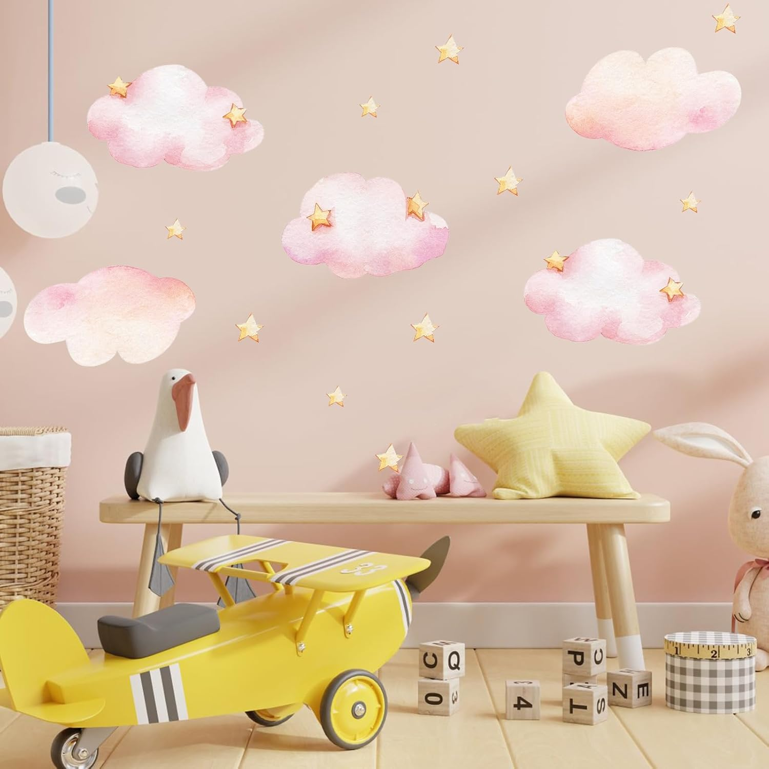 Clouds and Stars Wall Stickers, Pink Removable Wall Mural Stickers Cloud Wallpaper Stick and Peel Vinyl Wall Art Decals for Kids Baby Nursery Bedroom Living Room Home Decor Gift