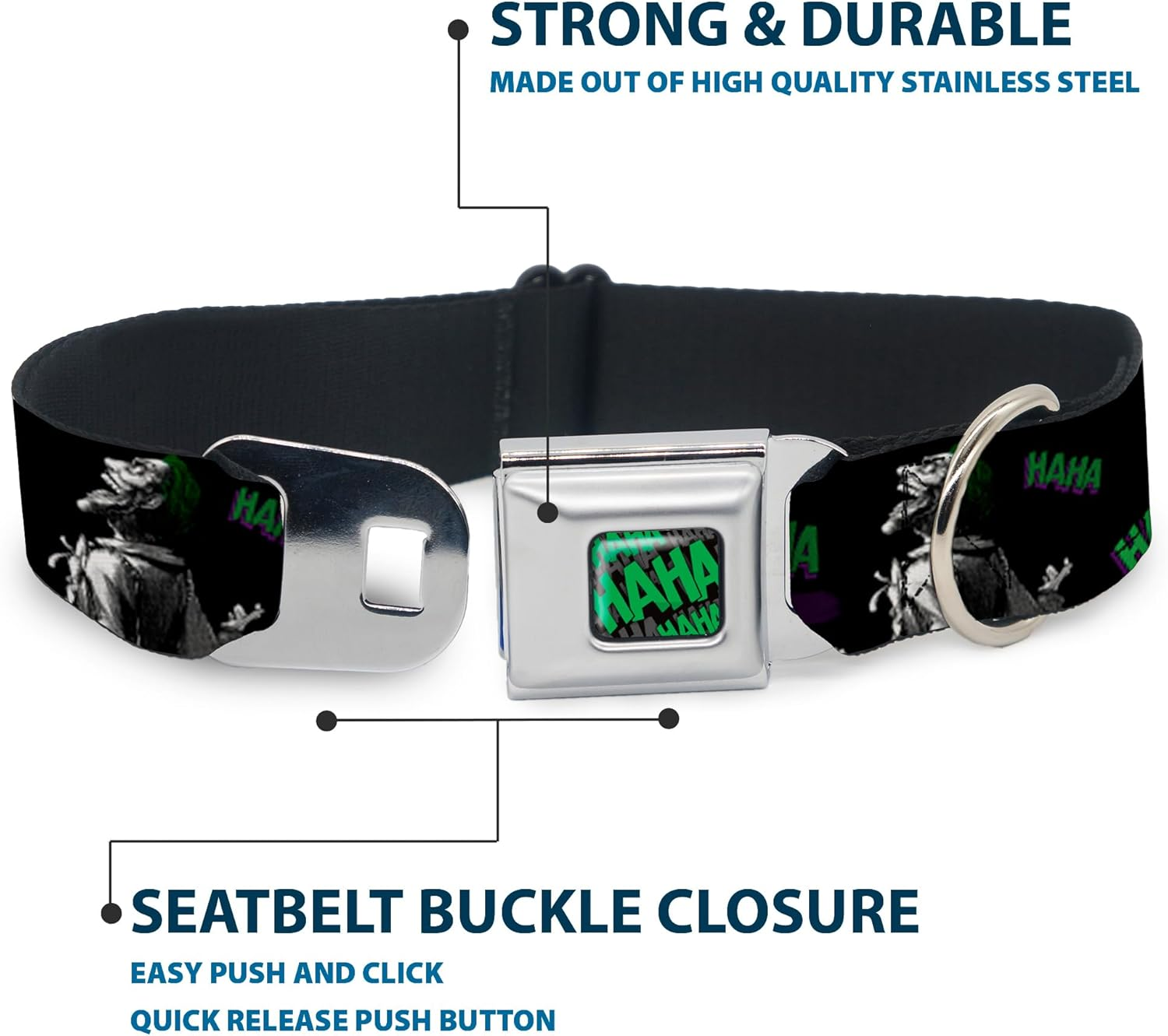 Dog Collar Seatbelt Buckle Joker Die Laughing Haha Black Purple Green 15 to 26 Inches 1.0 Inch Wide