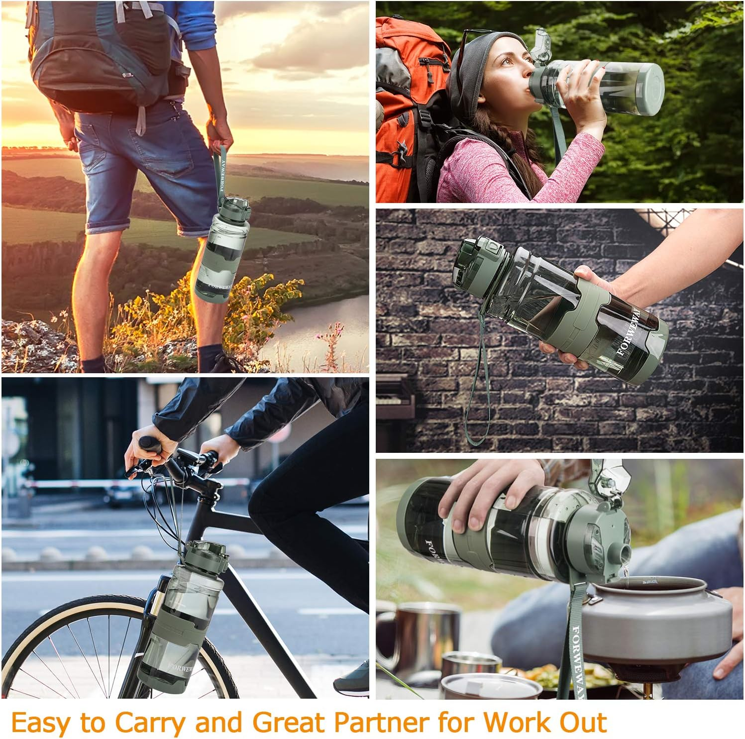 FORWEWAY Bpa-Free Large Water Bottle Tritan Leakproof Plastic Water Bottle with Filter Reusable Big Drink Water Bottles Durable for Fitness Outdoor Camping Hiking (Green) image number 1