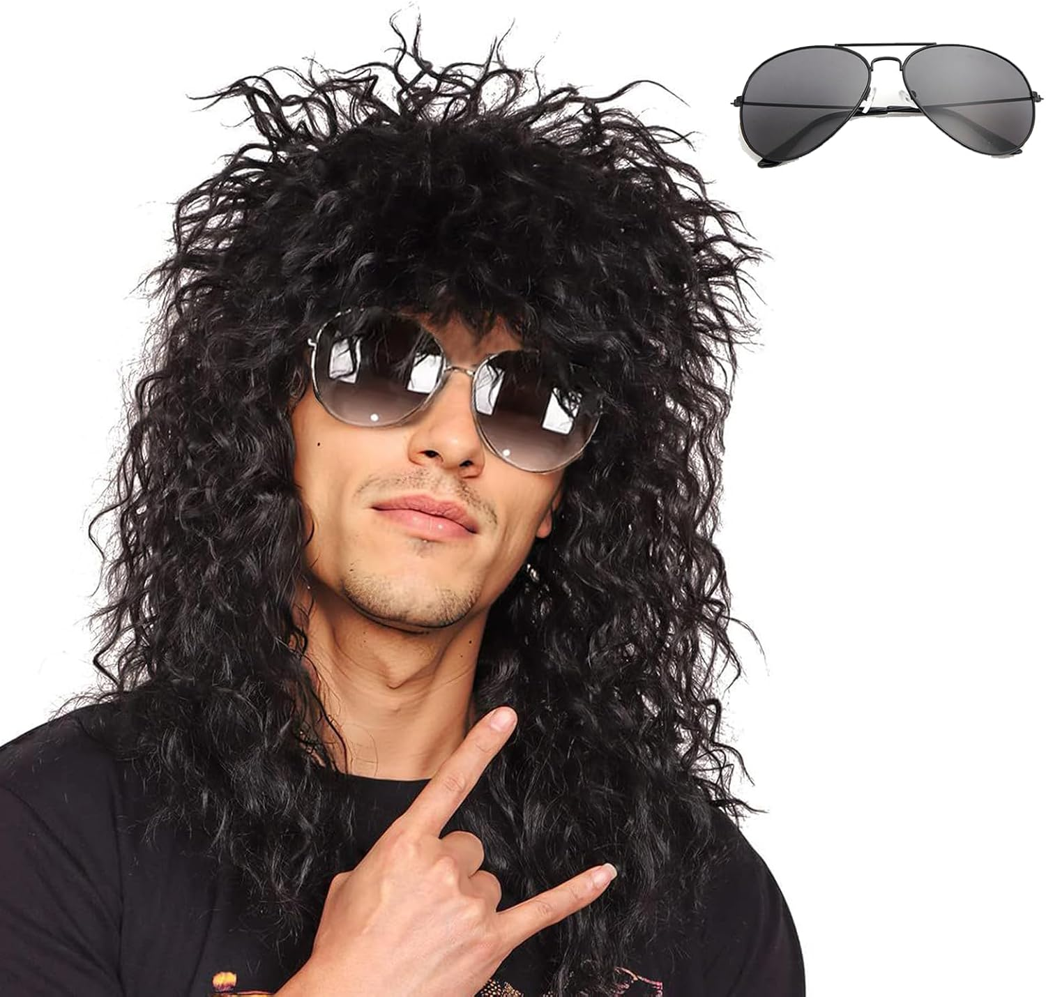 Xlihdzum Retro Hippie Rock Costume Men'S Long Curly Wig Black Curly- Disco Costume Men'S Party 70'S 80'S 90'S Mullet Wig for 80S Men Mens Wig Halloween Rave Cosplay