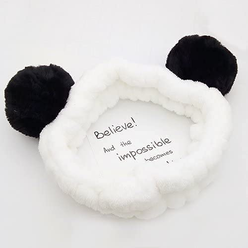 2Pcs Cute Panda Ear Headband Soft Elastic Coral Fleece Hair Band with Pompons for Ladies Fashion(Black Ear and Grey Ear) image number 3