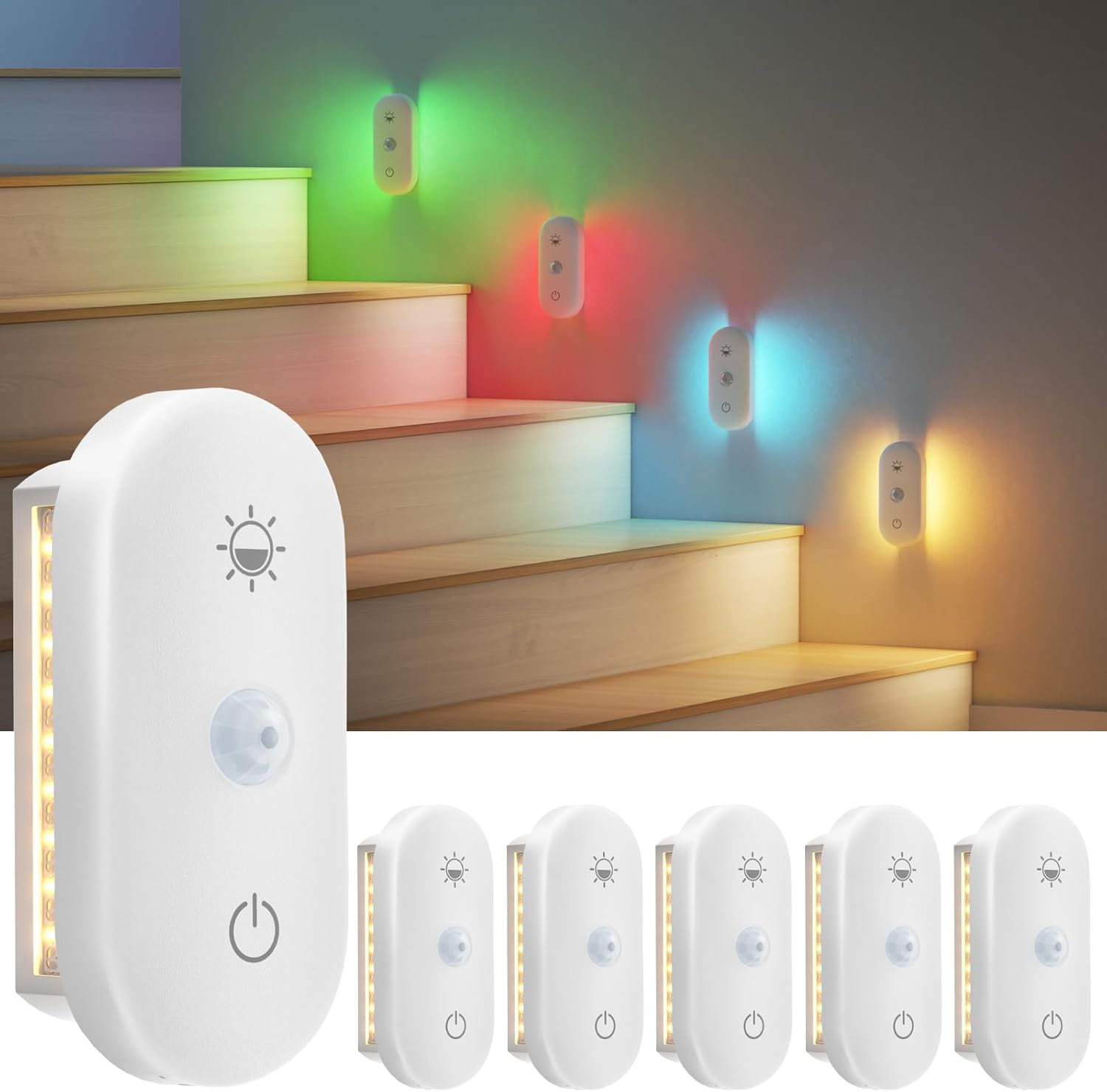 Hiromeco Rechargeable Night Light for Stair: Motion Sensor with 1800Mah Battery for 90-Nights Navigation - 3000K+RGB for Hallway Stair Safety 6-Pack image number 5
